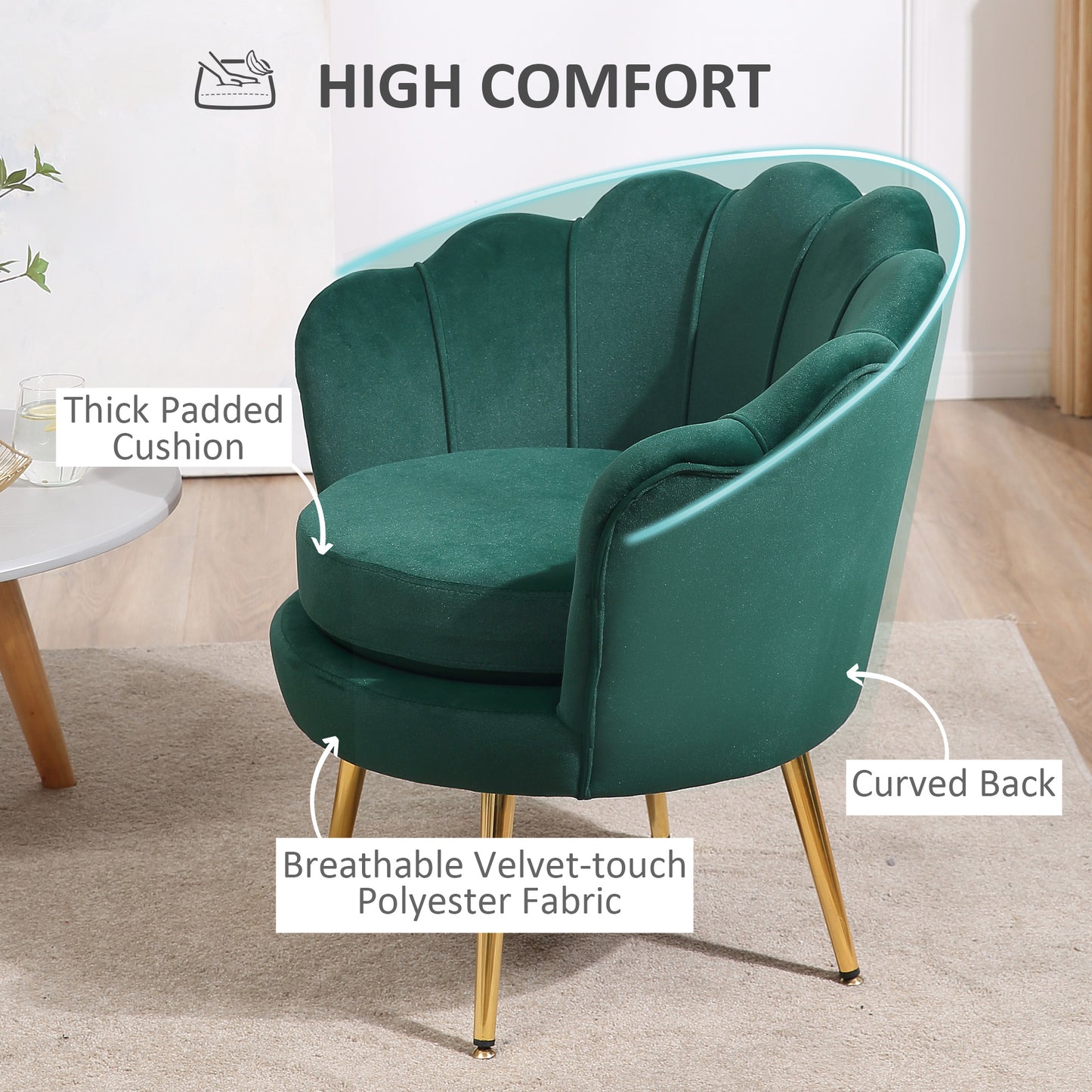 HOMCOM Modern Accent Chair, Velvet-Touch Fabric Leisure Club Chair with Gold Metal Legs for Bedroom, Blue