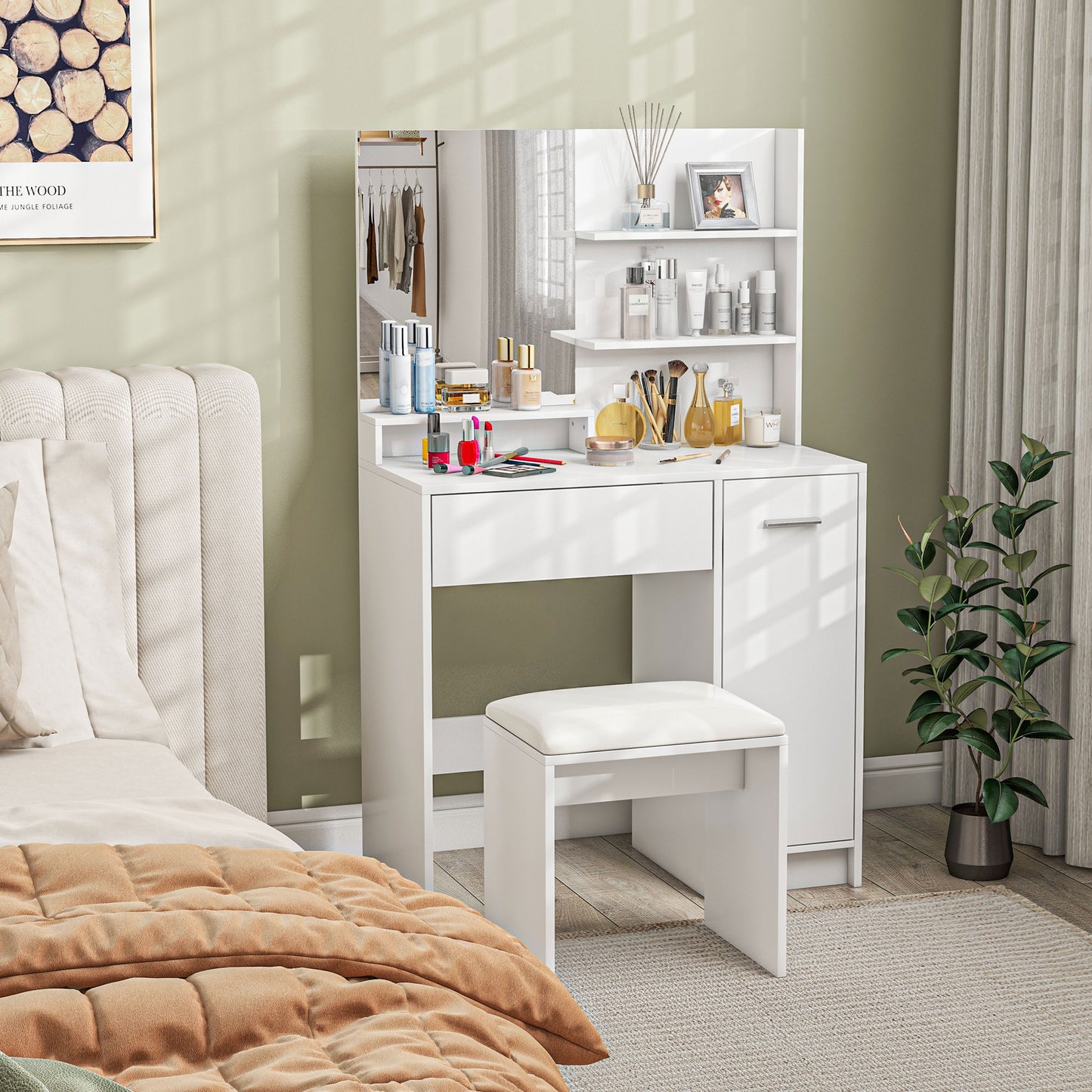 HOMCOM Vanity Set with Mirror and Stool, Makeup Vanity Table with Storage Drawer, Cabinet, Adjustable Shelf for Bedroom, White