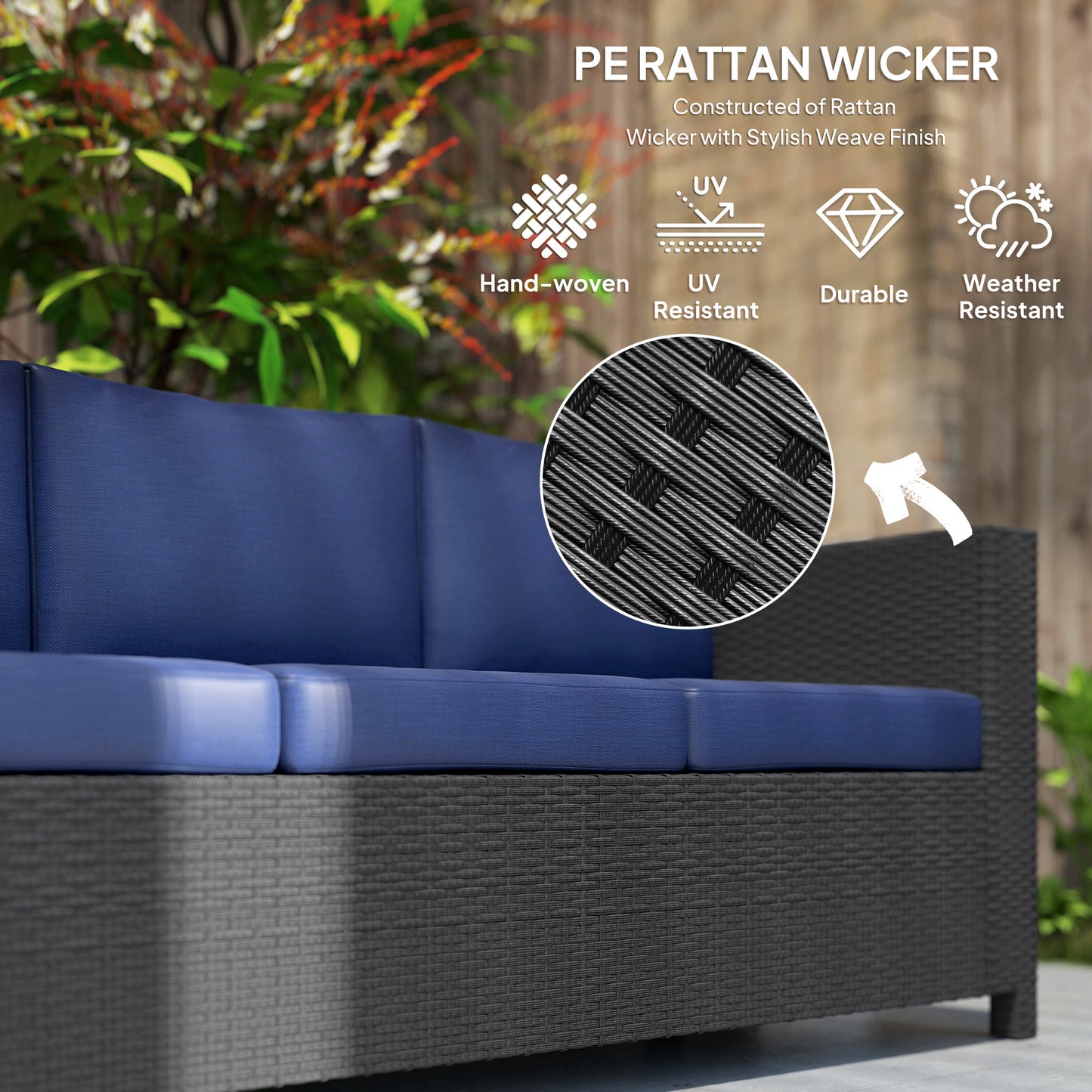 Outsunny 3-Seater Outdoor Sofa with Cushions, PE Rattan Conversation Patio Couch with Pillows for Garden, Poolside, Blue