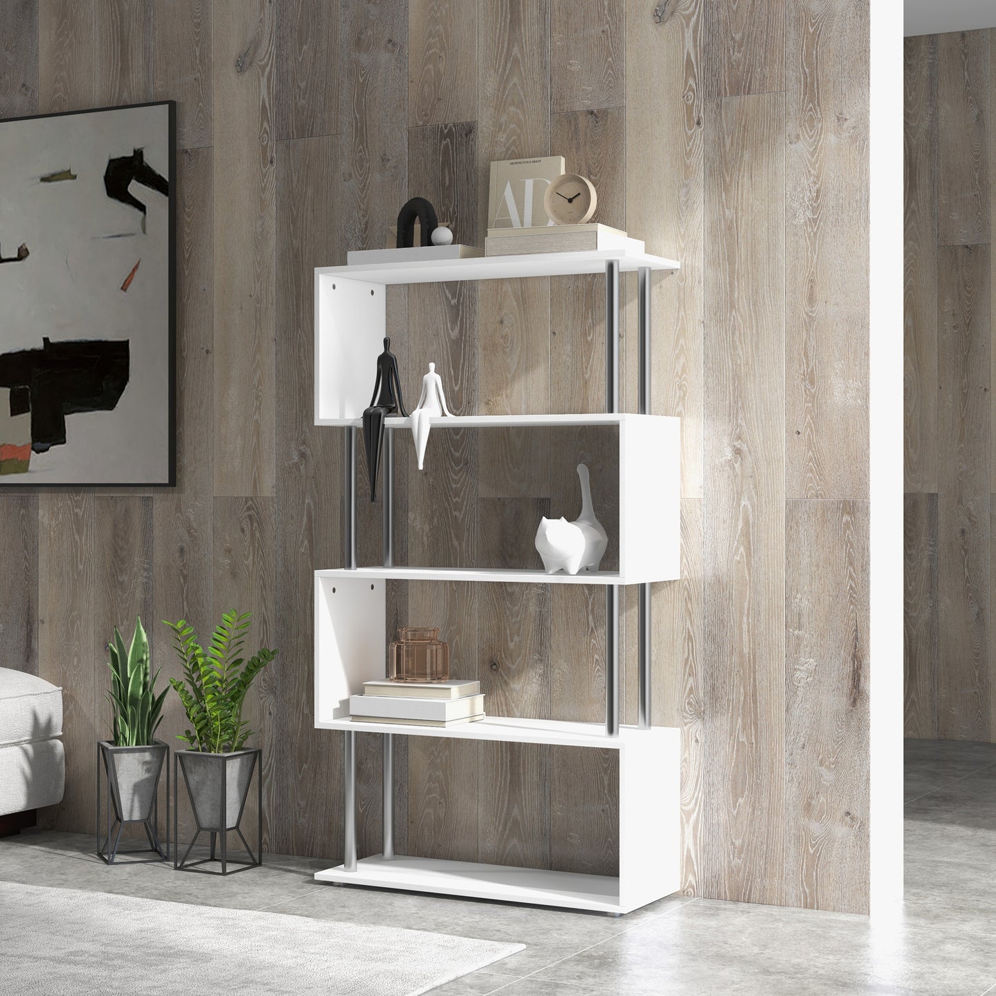 HOMCOM 5-Tiers Geometric Wooden Bookcase S-Shaped Storage Bookshelf Display with Metal Frame for Living Room, Bedroom, Home Office, Black
