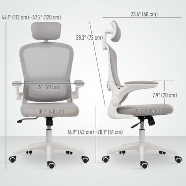 HOMCOM Ergonomic Mesh Office Chair, High Back Desk Chair with Rotatable Headrest, Flip-Up Armrests, Lumbar Support, Grey