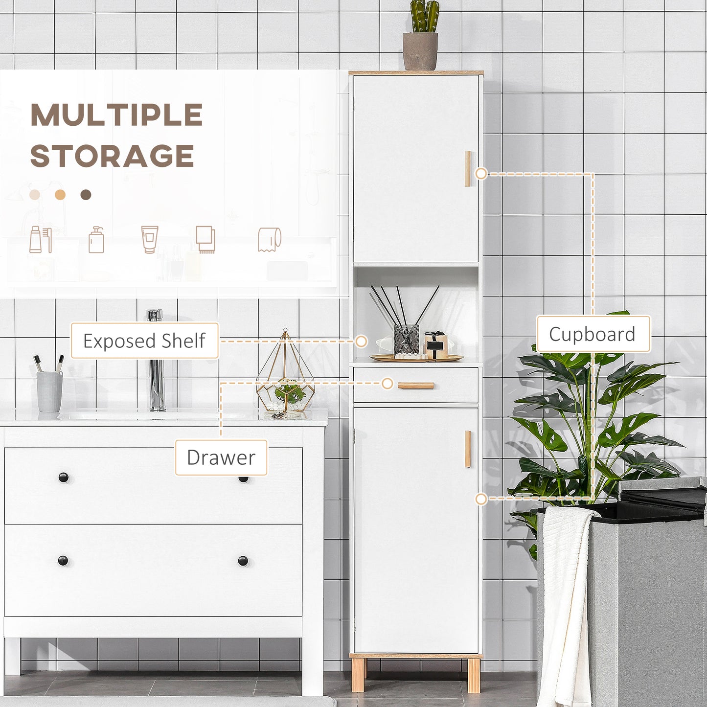 kleankin Bathroom Storage Cabinet with Cupboards and Drawer, Floor Free Standing Linen Tower, Tall Slim Side Organizer Shelves, White