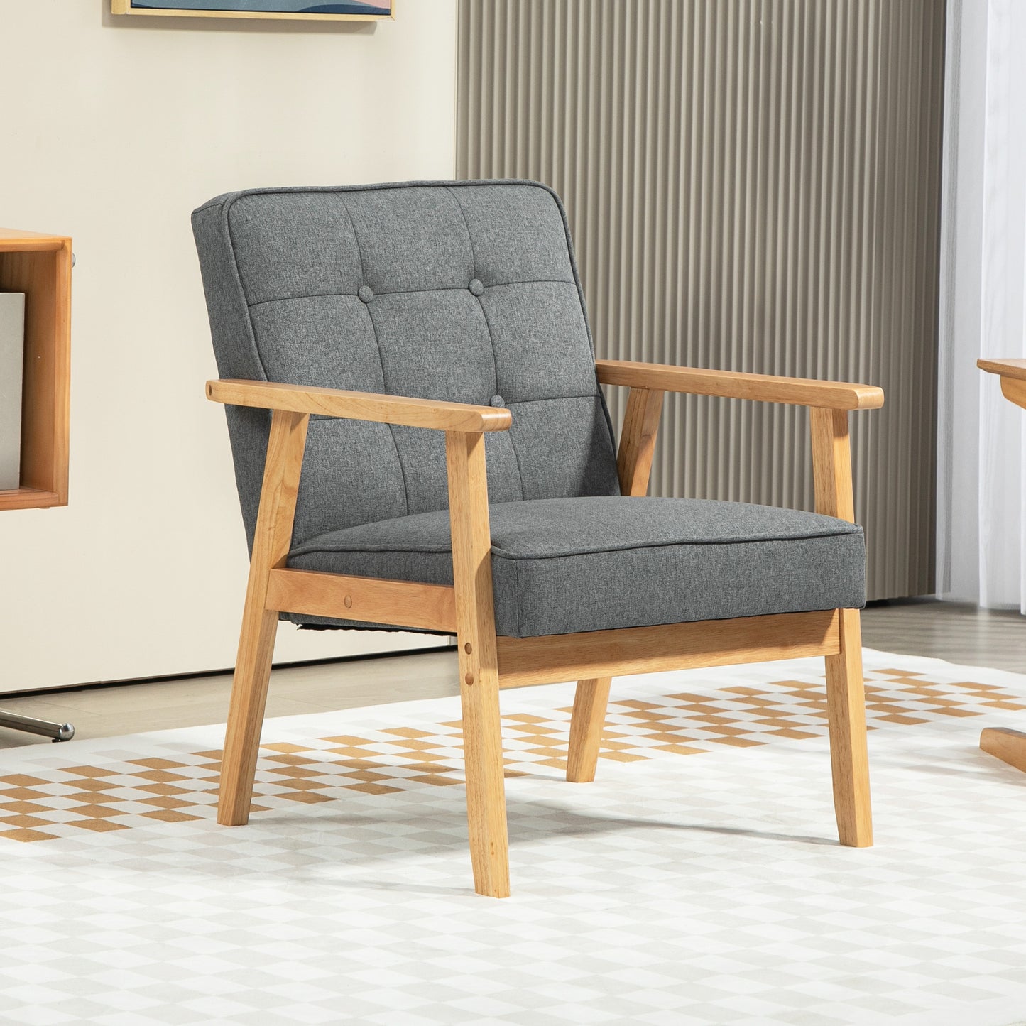 HOMCOM Modern Accent Chair with Button Tufted Back, Line-feel Fabric Armchair with Solid Wood Frame for Bedroom, Grey