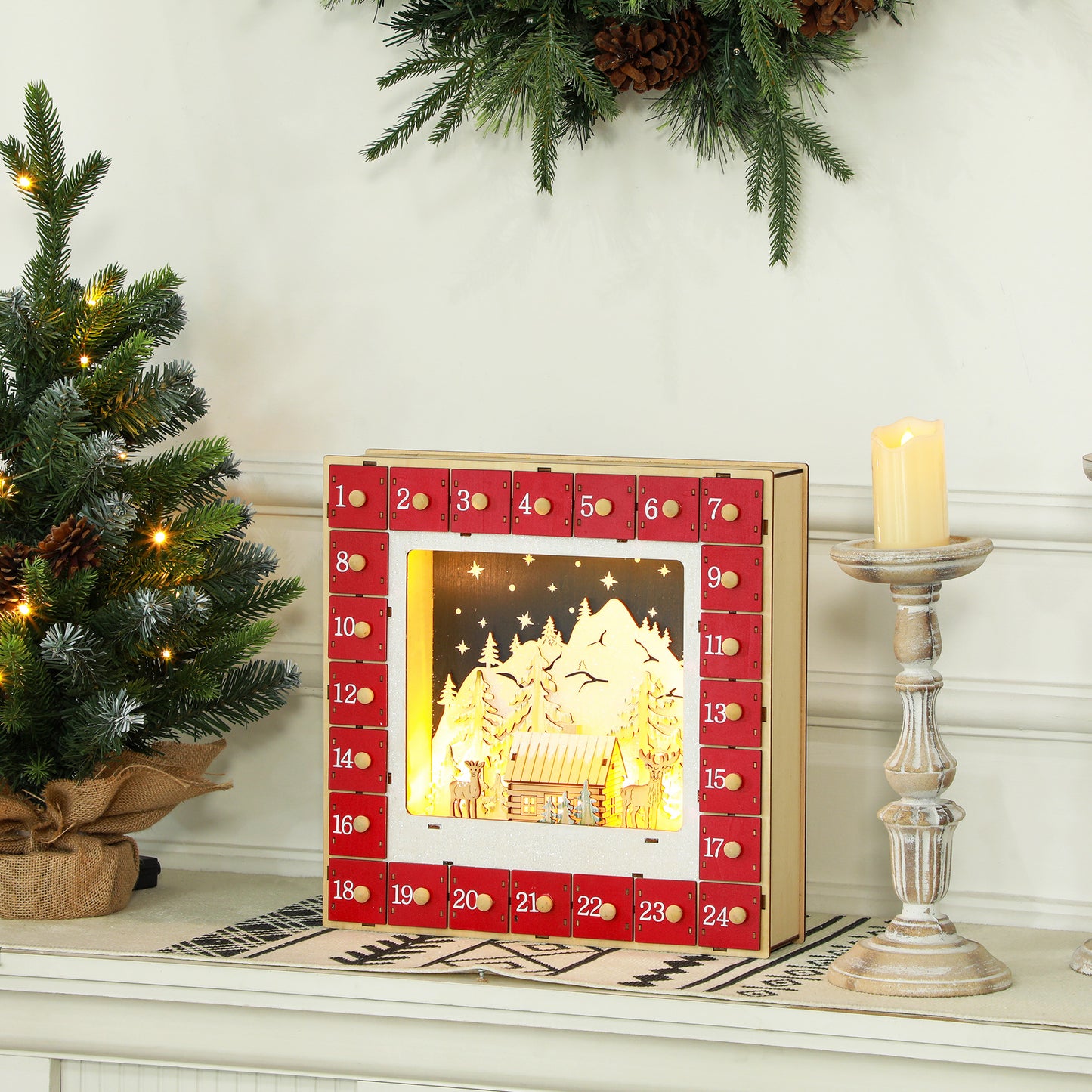 HOMCOM Wooden Christmas Advent Calendar, Lighted 24 Days Xmas Calendar House, Christmas Table Decoration with Countdown Drawers, Bible Characters, Battery Operated, Natural