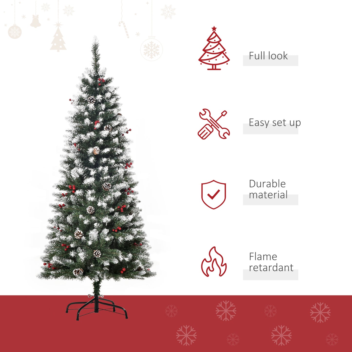 HOMCOM 5ft Decorated Christmas Tree with Red Berries and Pine Cones, Flocked Christmas Tree with Pencil Shape, Green