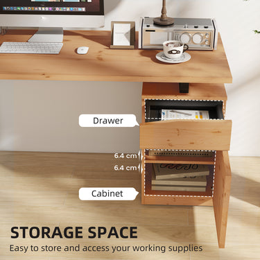 HOMCOM 53 Inch Computer Desk, Writing Table with Cabinet, Drawer, Adjustable Shelf for Home Office Study, Natural Wood