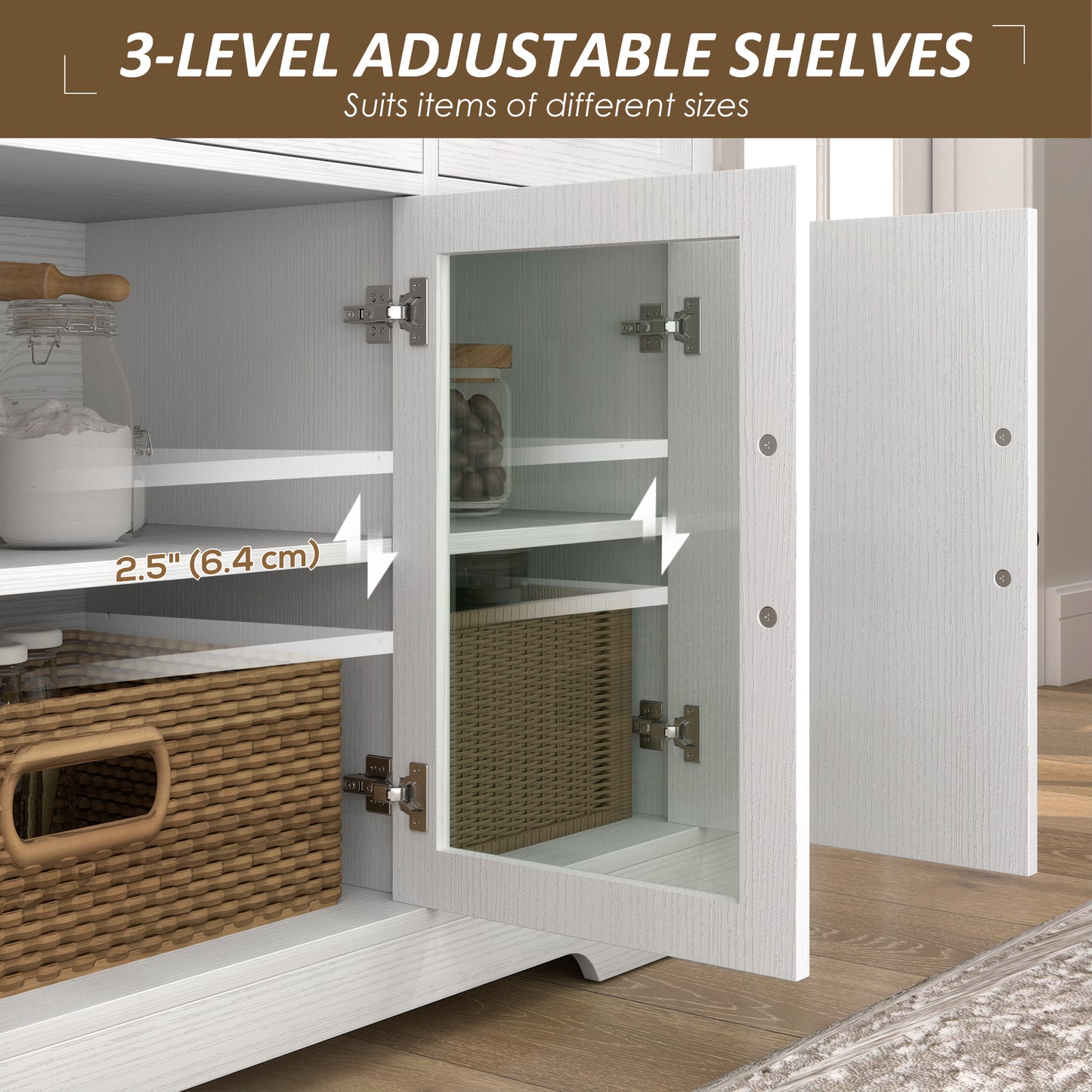 HOMCOM Sideboard Buffet Cabinet with Storage, Coffee Bar Cabinet with Glass Doors and Adjustable Shelves, Distressed White