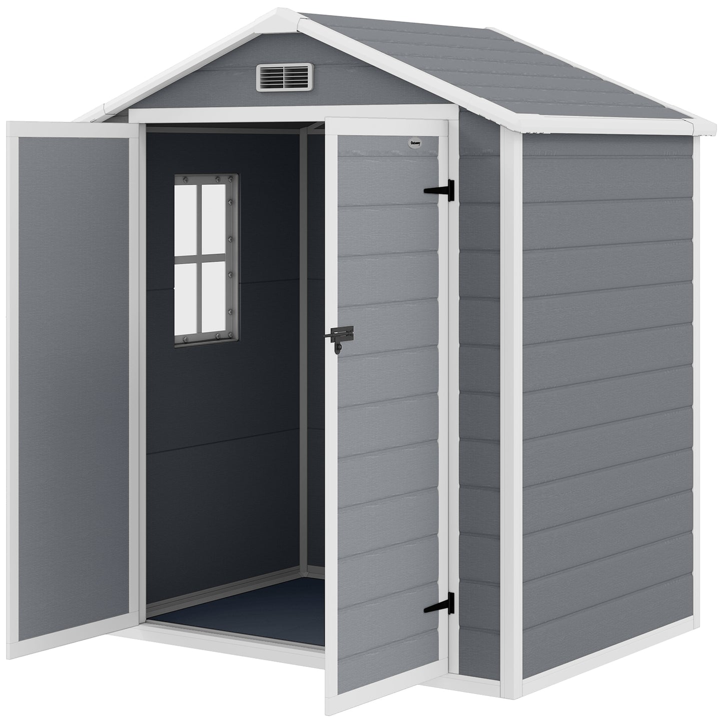 Outsunny 6x4.5ft Plastic Garden Shed, Lockable Garden Tool Storage House with Double Doors and Vent for Equipment, Gray