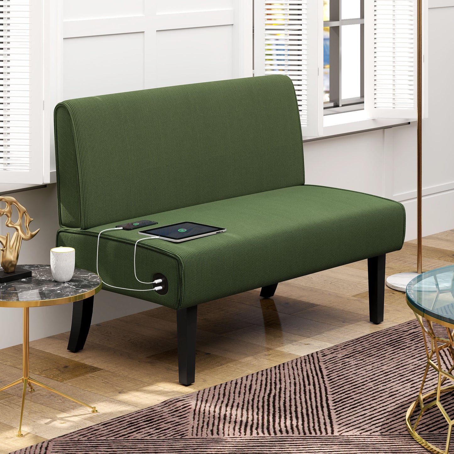 HOMCOM 46.5" Loveseat Couch with USB Ports, Corduroy Love Seat Sofa with Wood Legs for Living Room, Bedroom, Small Space, Grey