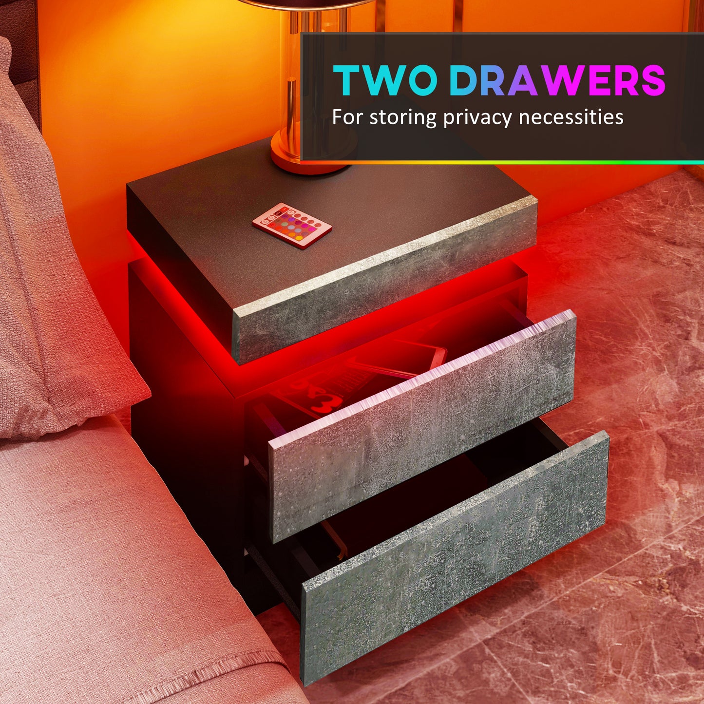 HOMCOM Nightstand, Bedside Table with LED Lights and 2 Drawers for Bedroom, Living Room, White