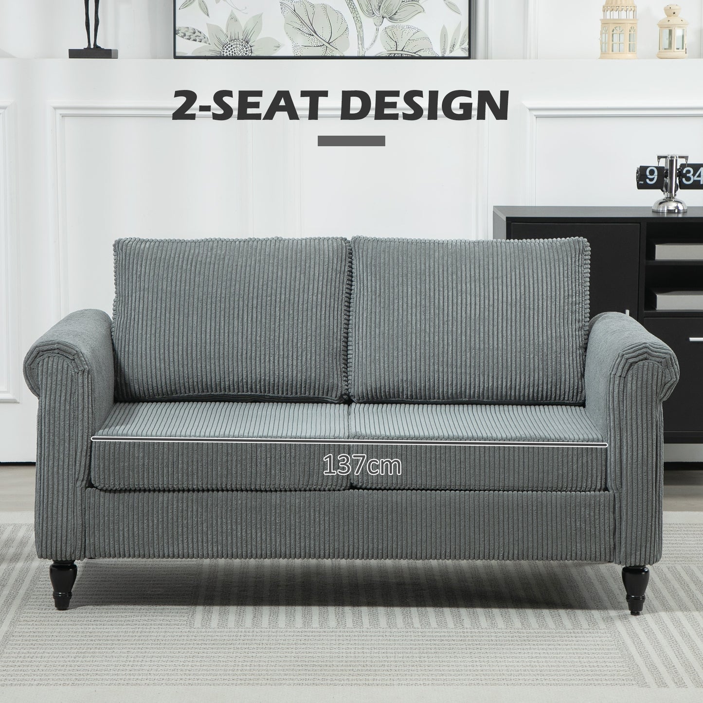 HOMCOM Vintage Loveseat, Upholstered Love Seat Furniture, Chenille-feel Fabric 2 Seater Sofa Couch with Rolled Arms, Gourd-Shaped Rubber Wood Legs for Living Room, Dark Grey