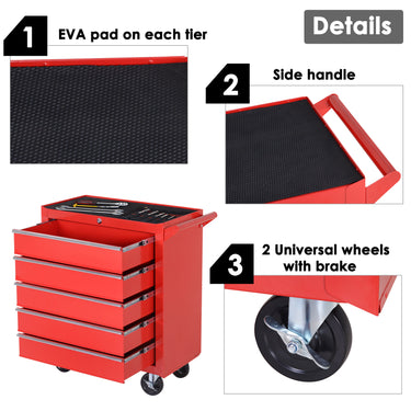 HOMCOM 5 Drawer Roller Tool Chest, Mobile Lockable Toolbox, Storage Organizer with Handle for Workshop Mechanics Garage, Red