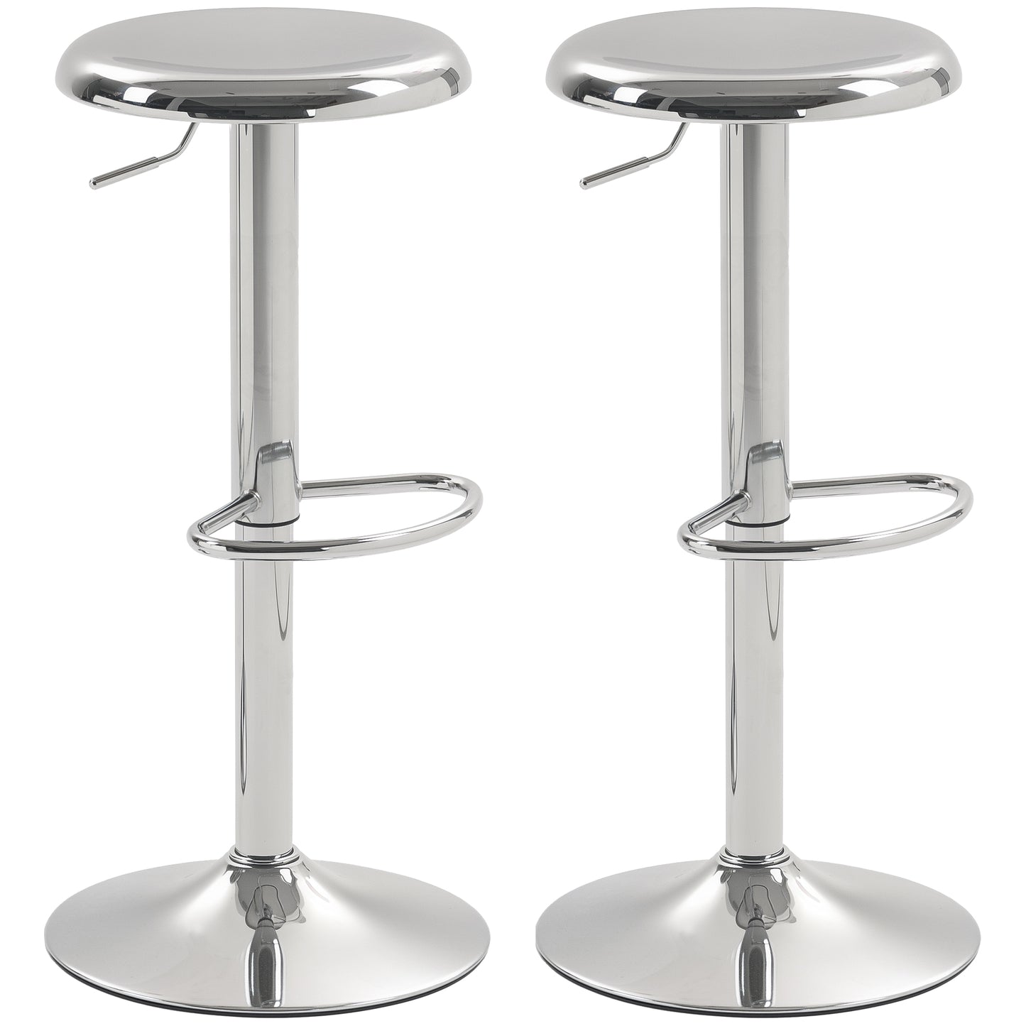 HOMCOM Steel Bar Stools Set of 2, Adjustable Counter Height Round Breakfast Barstools, Industrial Swivel Bar Chairs, Silver