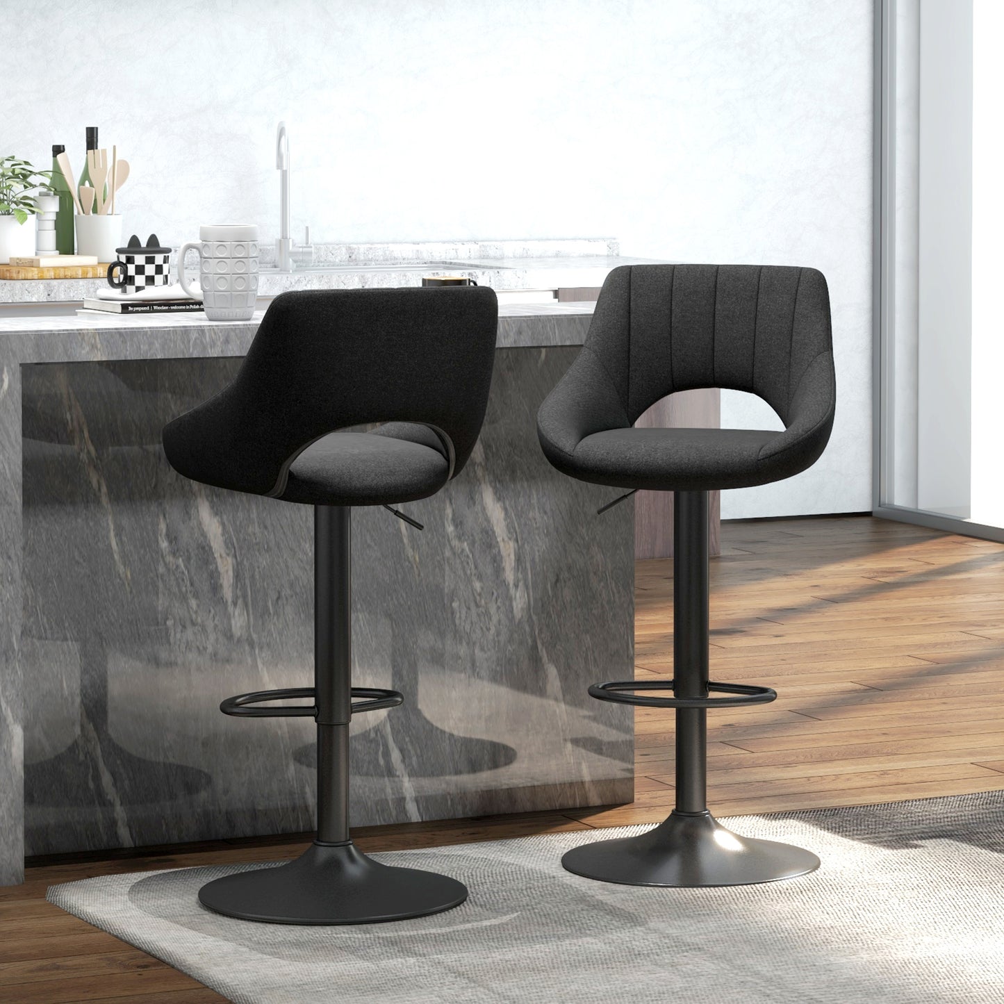 HOMCOM Bar Stools Set of 2, Swivel Counter Height Barstools with Adjustable Height, Linen Upholstered Bar Chairs with Round Metal Base and Footrest, Blue