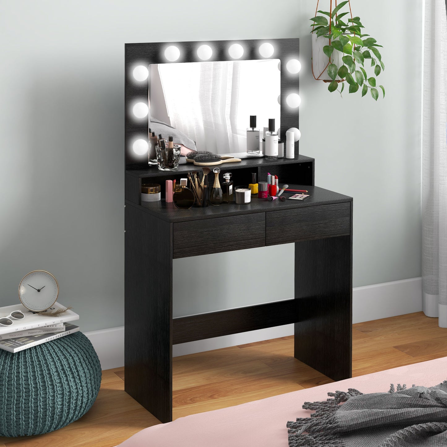 HOMCOM Vanity Table, Makeup Dressing Table with LED Lighting Mirror, Drawers, for Bedroom, Black