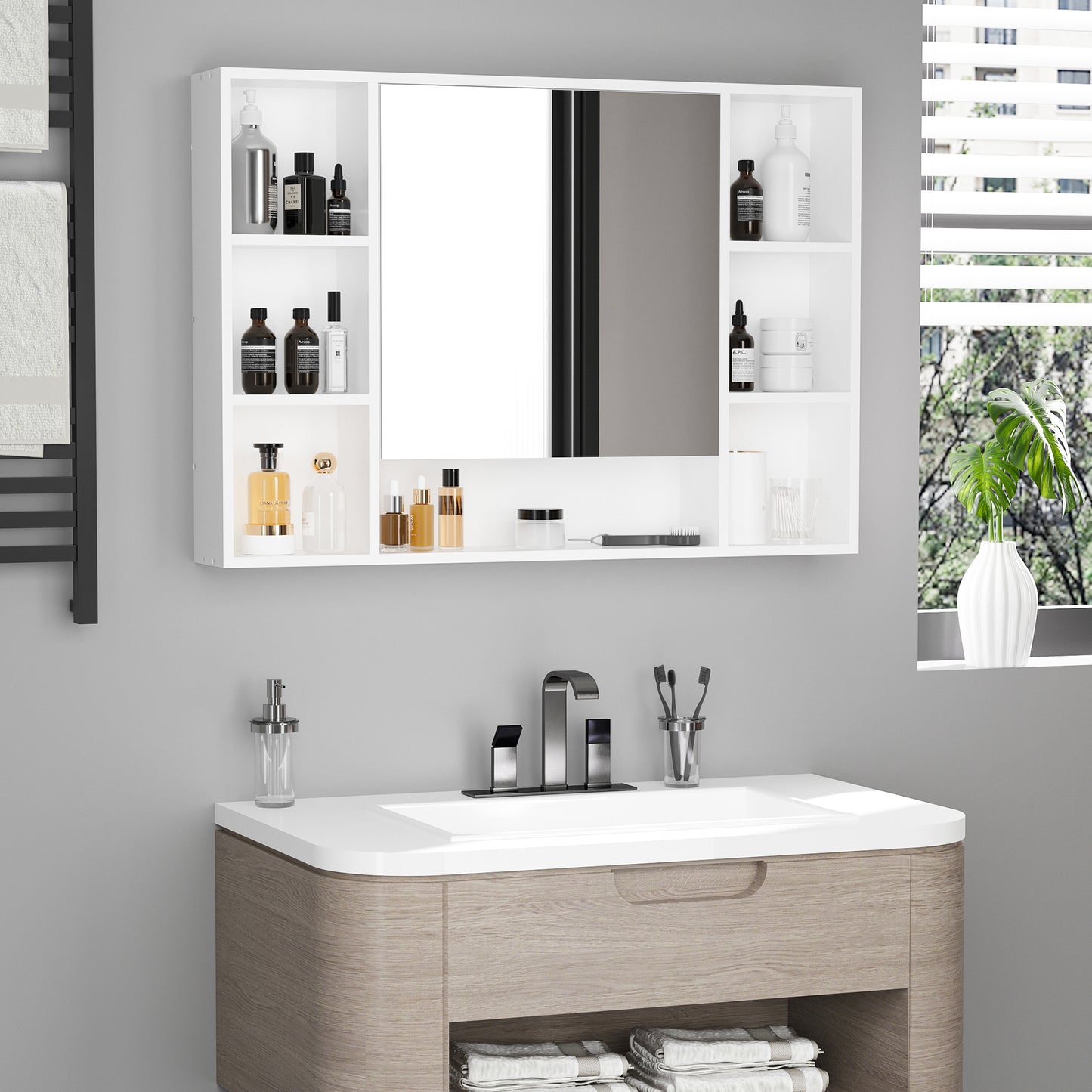 kleankin Wall Mounted Medicine Cabinet, 39.25"W x 27.5"H Bathroom Mirror Cabinet with Single Mirrored Door, Shelves and Storage Cupboard, White