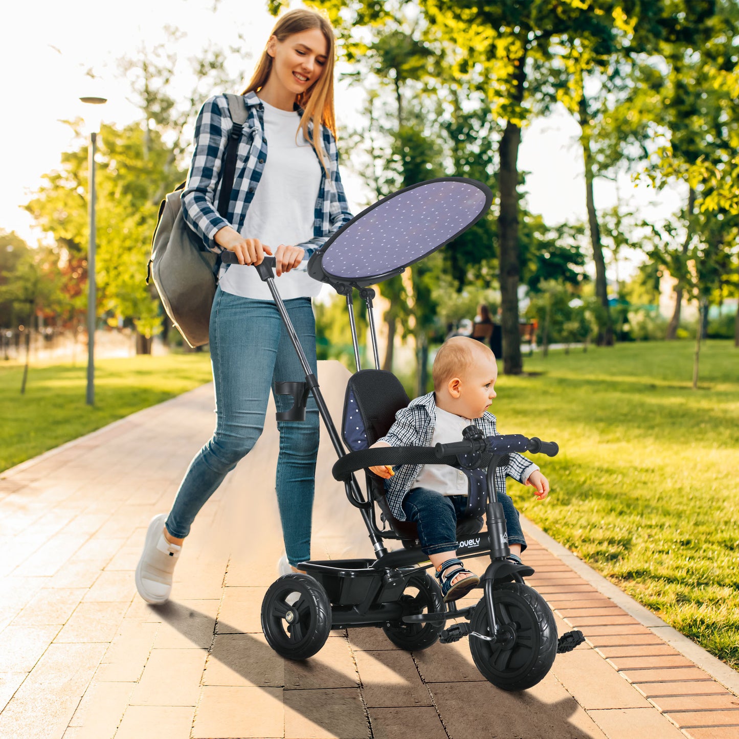 Qaba 6 in 1 Kids Tricycle with Removable Handlebar and Canopy, Navy Blue