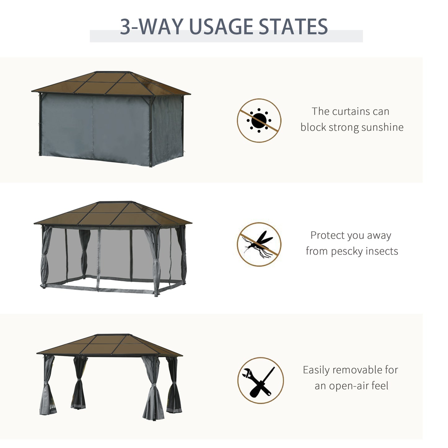 Outsunny 9.8' x 9.8' Garden Aluminium Gazebo Hardtop Roof Canopy Marquee Party Tent Patio Outdoor Shelter with Mesh Curtains & Side Walls, Grey