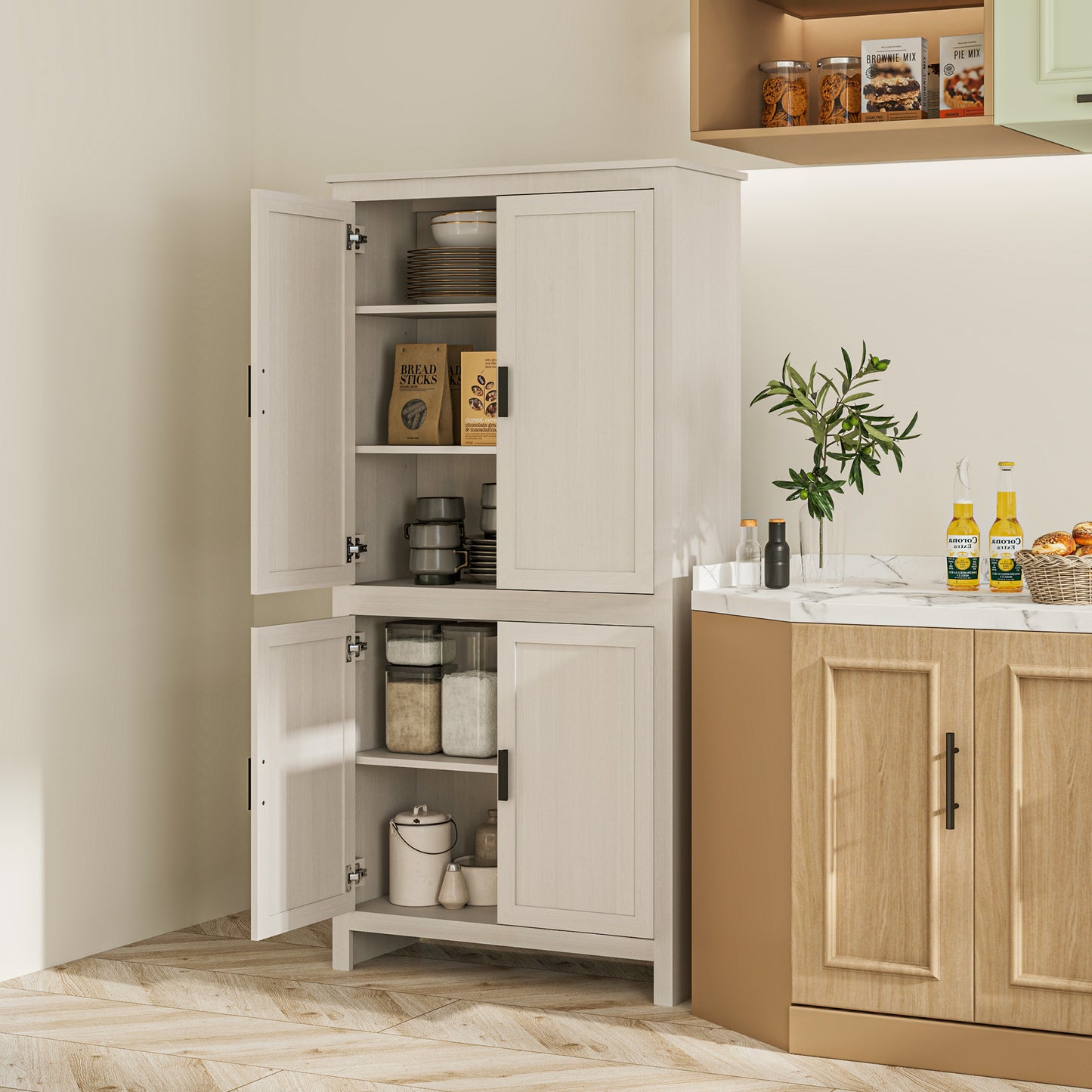 HOMCOM 64" Kitchen Pantry Cabinet, Freestanding Storage Cabinet with 4 Doors, 3 Adjustable Shelves, Antique White