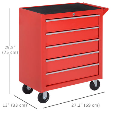 HOMCOM 5 Drawer Roller Tool Chest, Mobile Lockable Toolbox, Storage Organizer with Handle for Workshop Mechanics Garage, Red