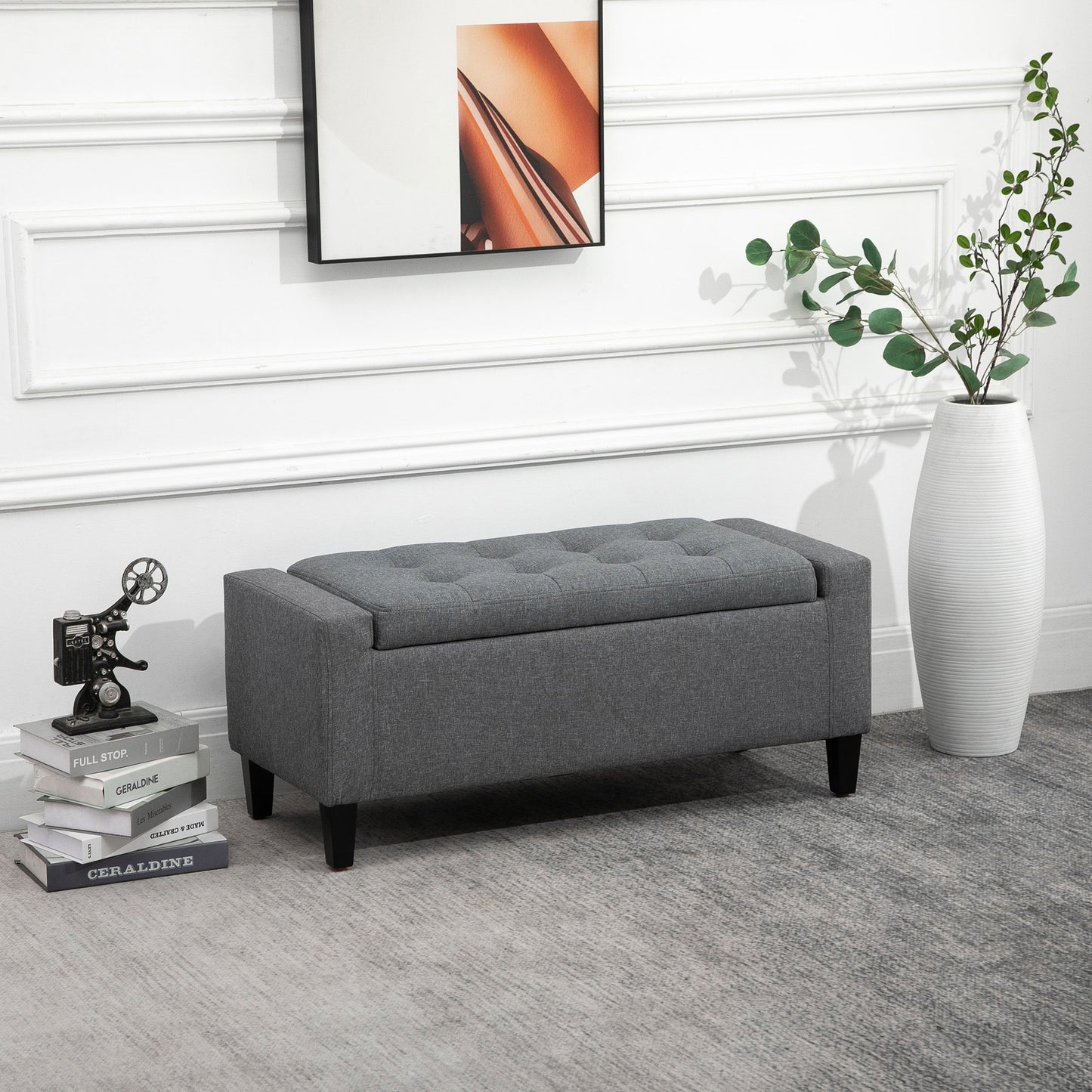 HOMCOM Storage Ottoman Bench Linen-Touch Fabric Tufted Chest Footstool with Flipping Top, Beige