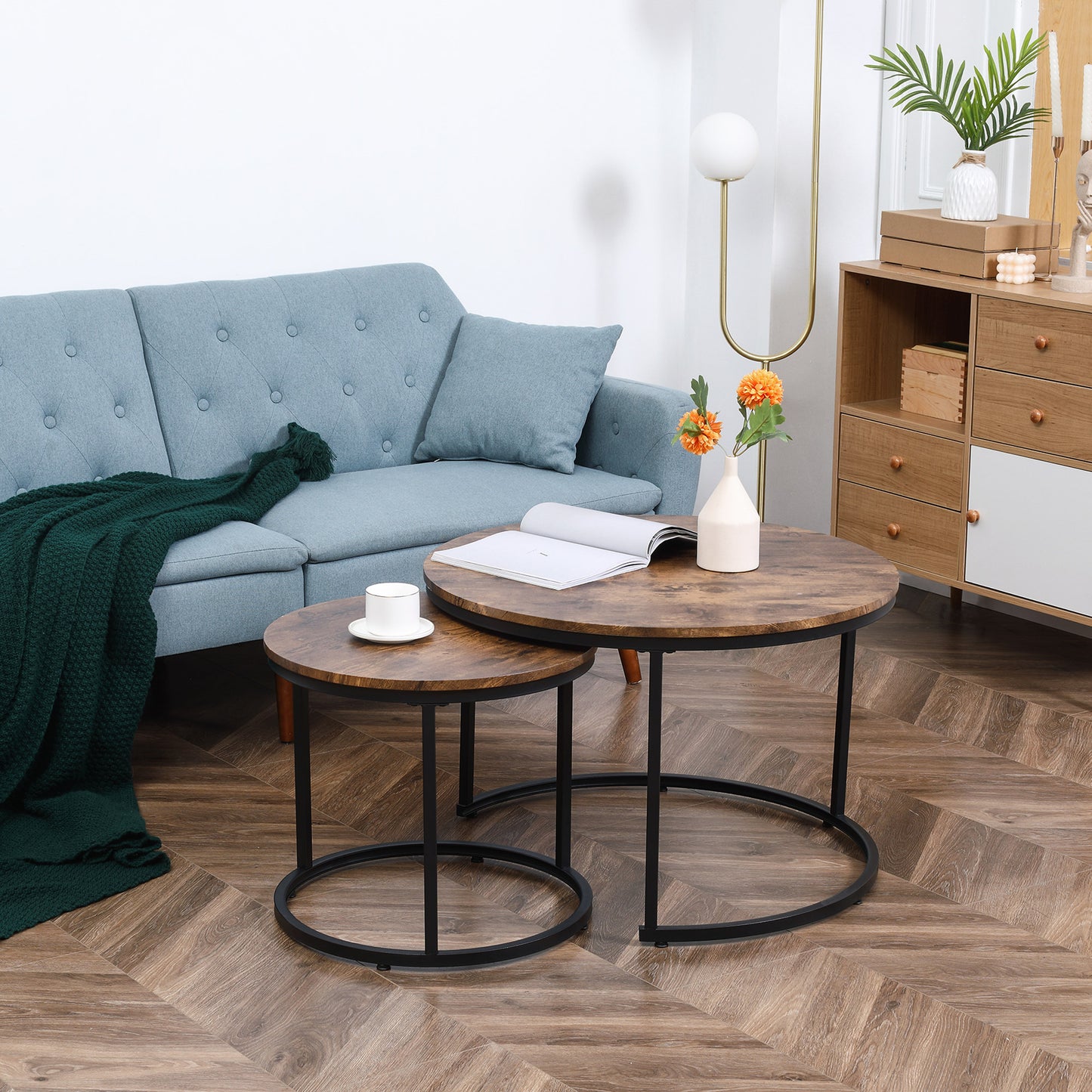 HOMCOM Nesting Coffee Tables Set of 2, Round Coffee Table with Metal Frame, Living Room Tables, Grey Wood Grain
