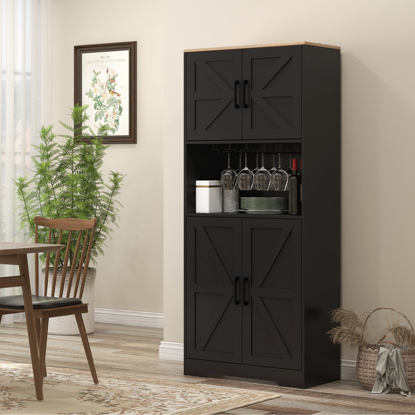 HOMCOM Farmhouse Kitchen Pantry, 68" Freestanding Hutch Storage Cabinet with Microwave Oven Countertop, White