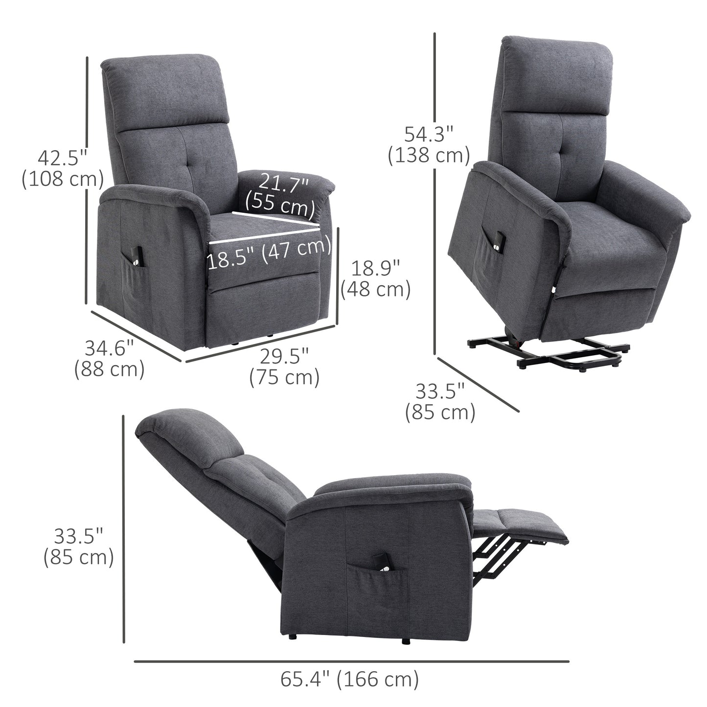 HOMCOM Power Lift Chair Electric Recliner Sofa for Elderly with Remote Control & Side Pocket for Living Room, Grey
