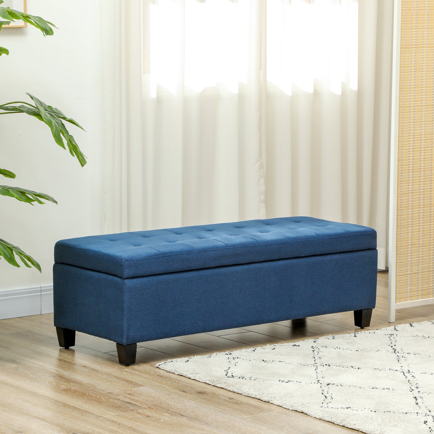 HOMCOM Rectangular Entry Bench, Tufted Upholstered Linen Fabric Wood Feet Storage Ottoman Bench, Beige