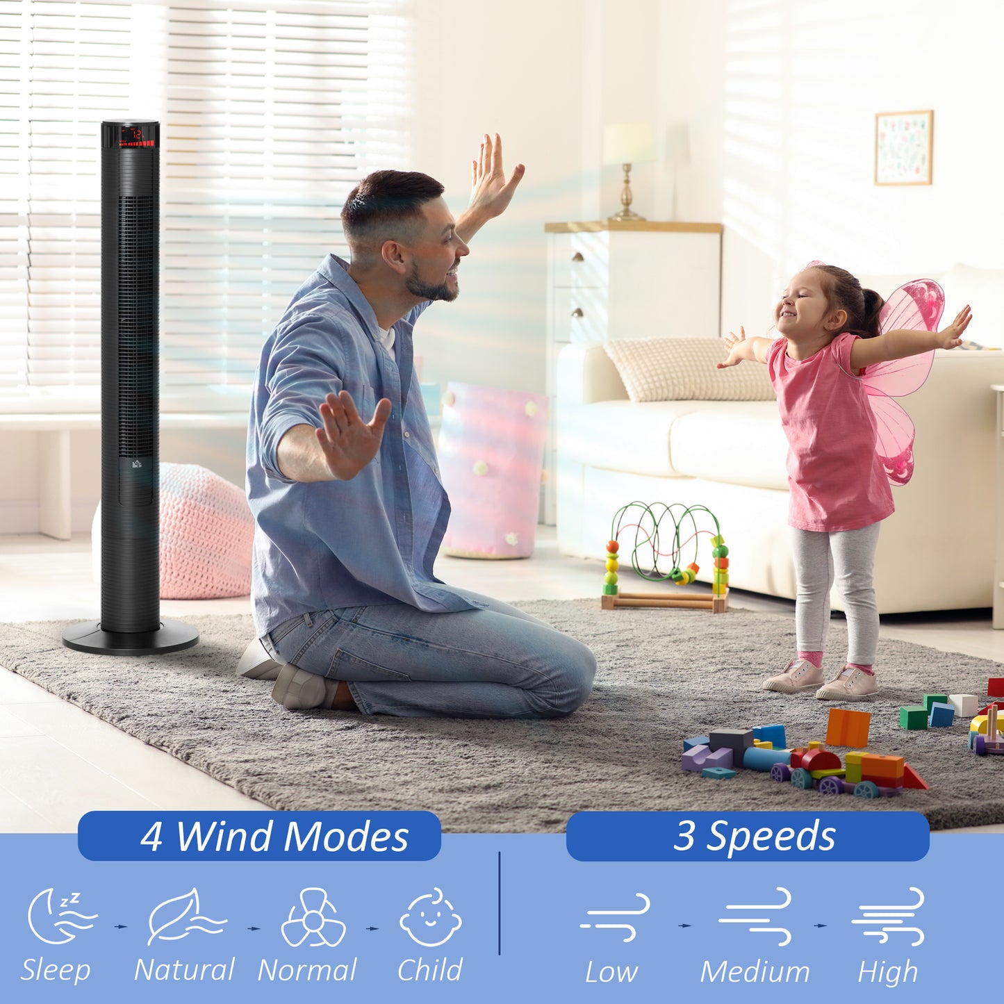 HOMCOM Freestanding Tower Fan Cooling for Home Bedroom with 3 Speed, 12h Timer, Oscillating, LED Panel, Remote Controller, Black