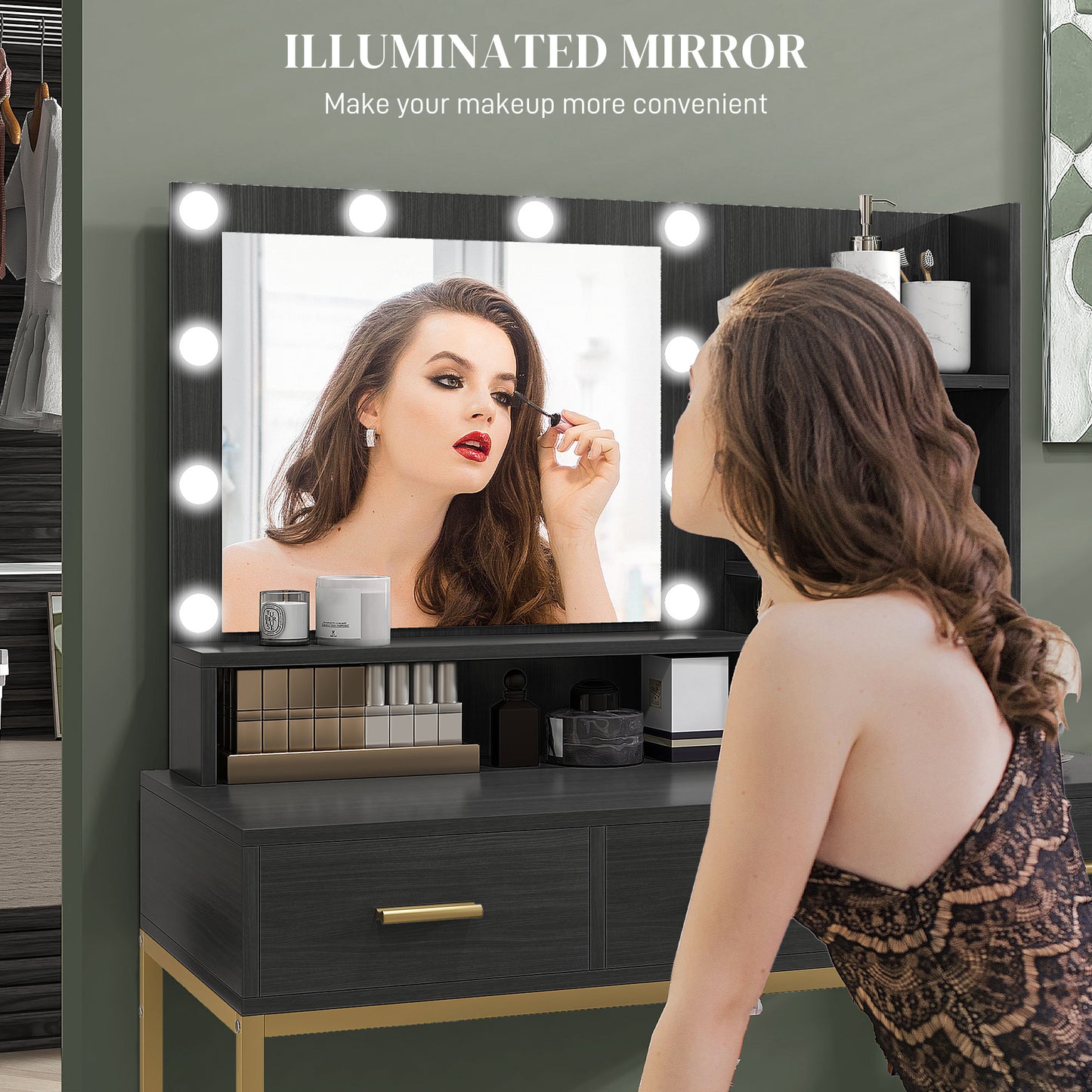 HOMCOM Illuminated Dressing Table, LED Vanity Table with Mirror, 3 Drawers and Storage Shelves for Bedroom, Black