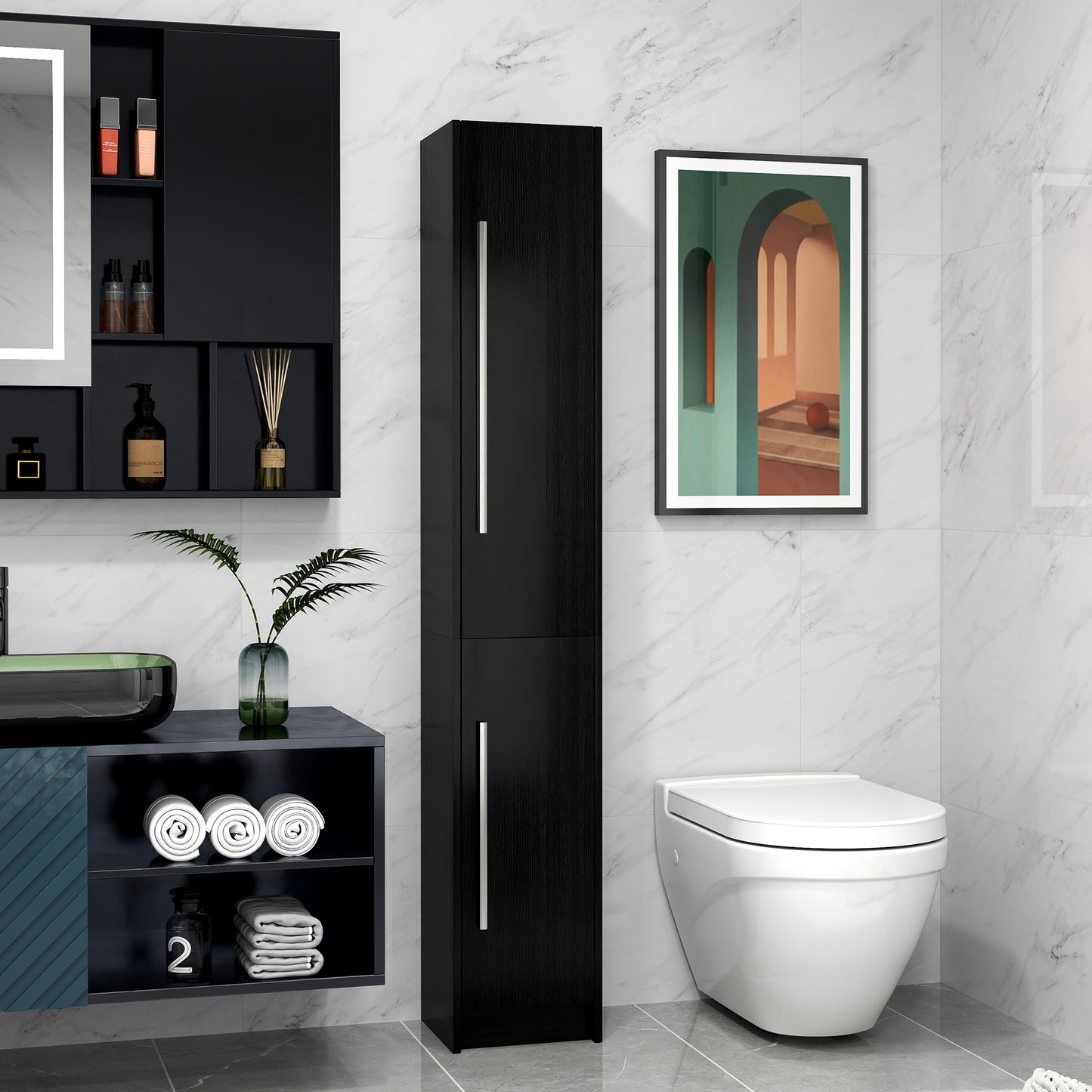 HOMCOM Freestanding Tall Bathroom Storage Cabinet with Adjustable Shelves, Bathroom Organizer, Black Wood Grain