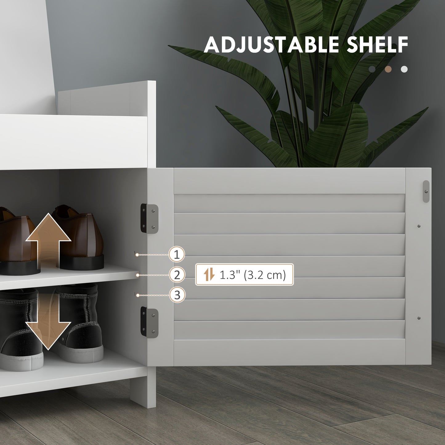 HOMCOM Entryway Bench with Cushion, Hidden Storage, Adjustable Shelves and Shutter Doors, 35.4" Shoe Bench, White