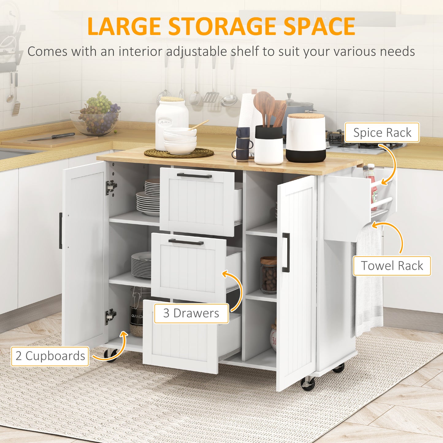 HOMCOM Rolling Kitchen Cart on Wheels with Drop Leaf, Kitchen Island with 3 Drawers, Solid Wood Top and Towel Rack, White