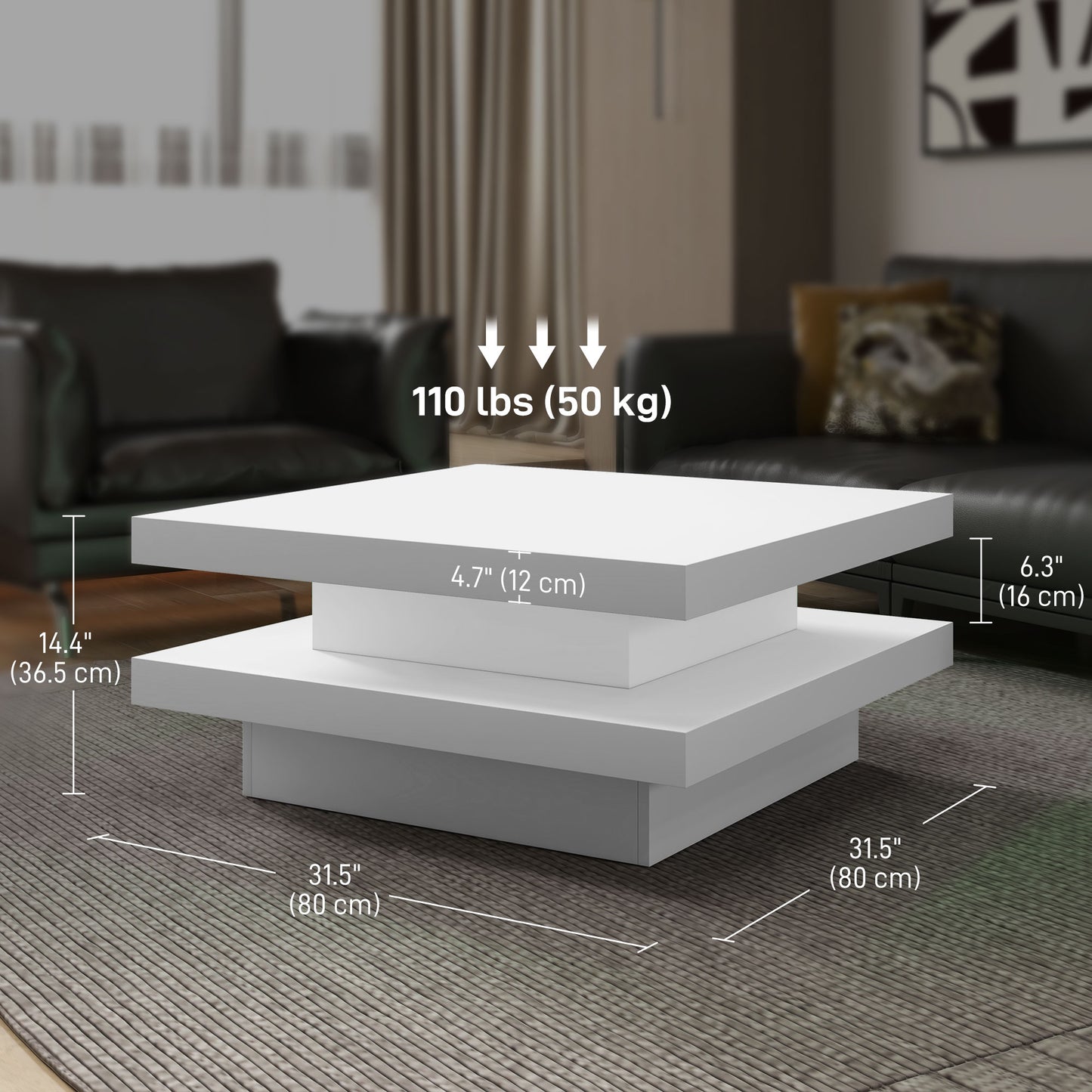 HOMCOM Square Coffee Table with 7 LED Lights and Remote, 2-Tier Modern Center Table for Living Room, White