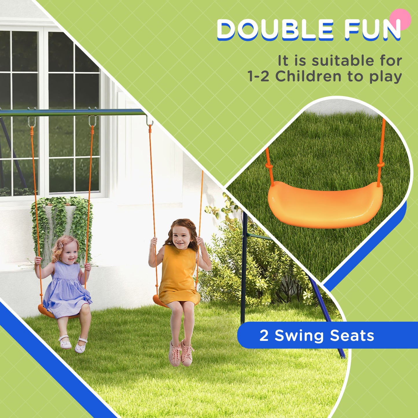 Outsunny Kids Swing Set Outdoor Metal Swing Frame with Double Swing Seats for 1-2 Children Aged 3-8 Years Old