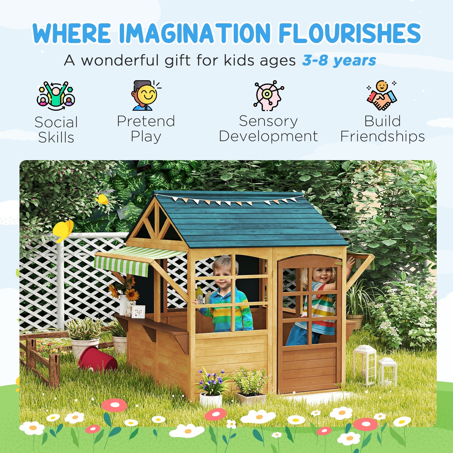 Qaba Wooden Foldable Outdoor Playhouse for Kids Ages 3-8, Snack Bars, Working Door, Rain Covers, Blackboards, Brown