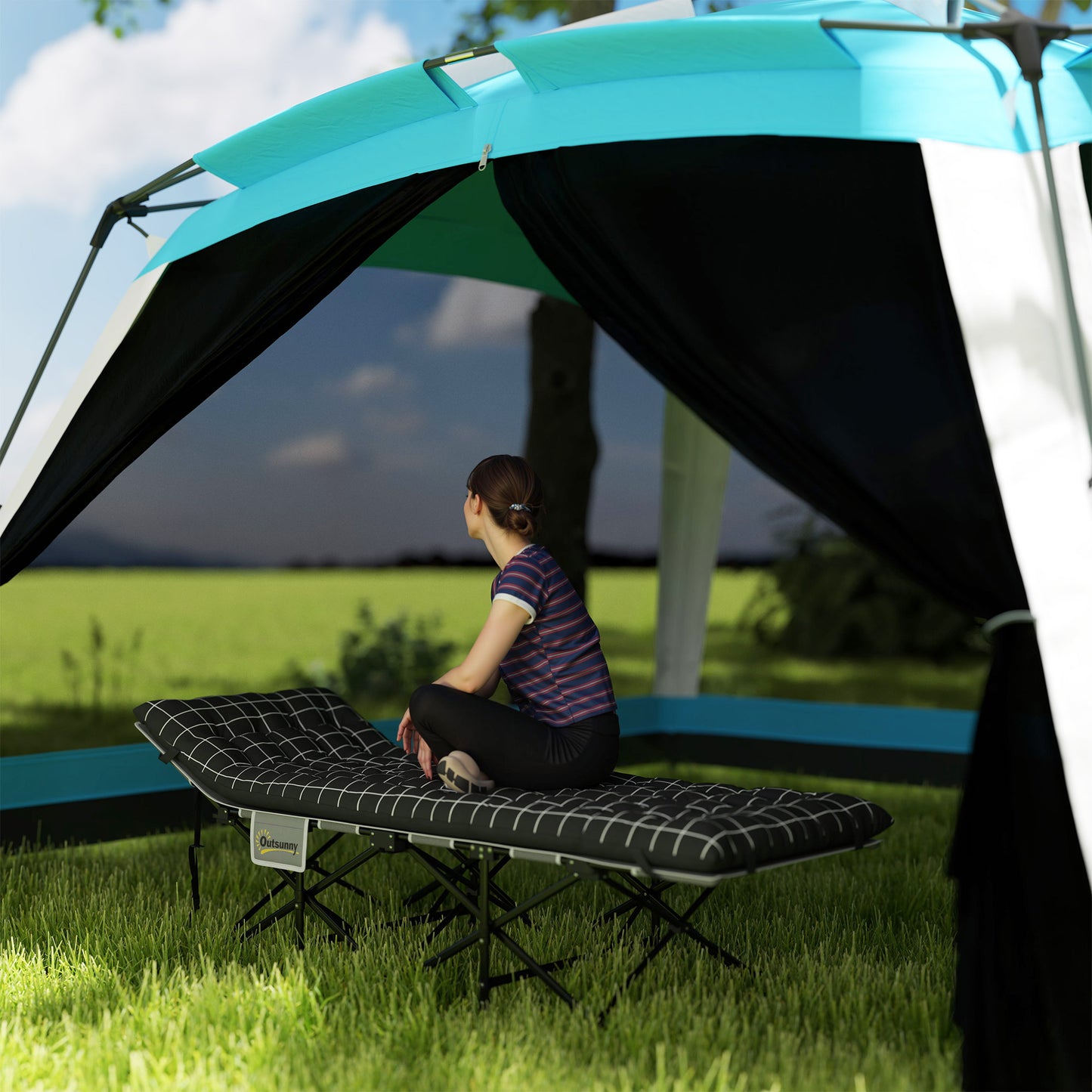 Outsunny 25.6" Wide Folding Bed, Camping Cot for Adults with Mattress, Carry Bag, Storage Pocket, Max Load 330 LBS, Light Grey