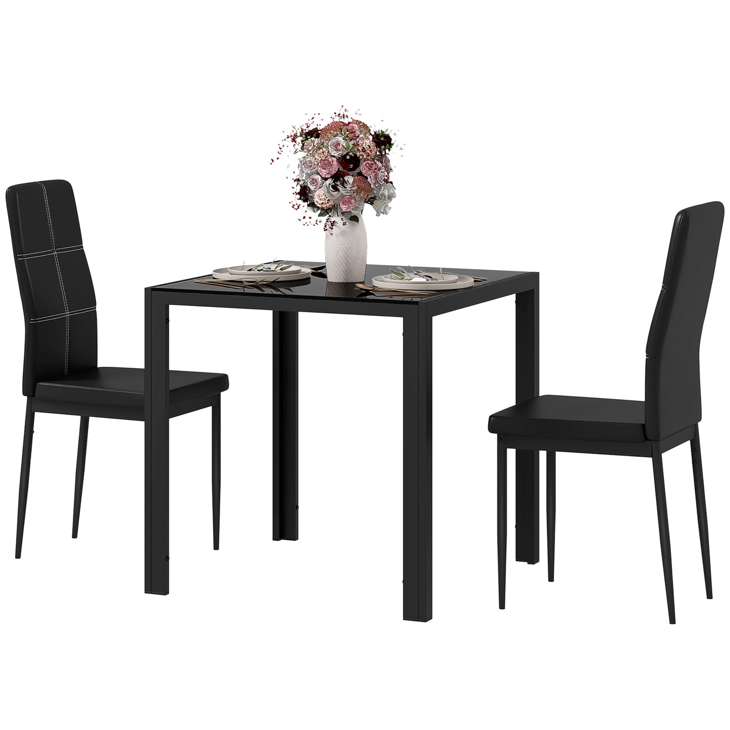 HOMCOM 5-Piece Rectangular Glass Kitchen Table and Chairs with Metal Frame and Faux Leather Upholstery for Dining Room, White