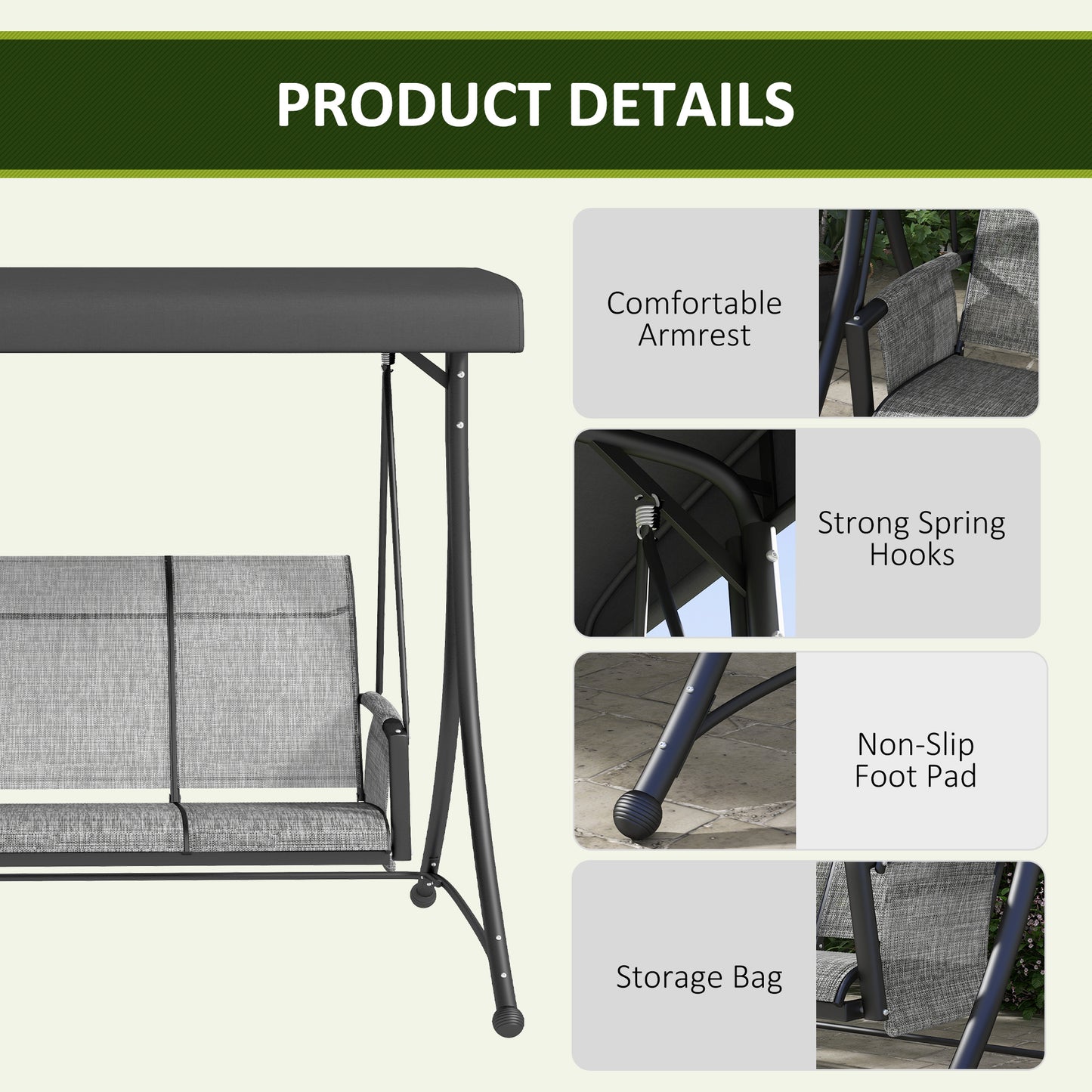 Outsunny 3 Person Porch Swing Outdoor Swing Chair with High Back Design, Side Pouches and Adjustable Canopy, Dark Grey