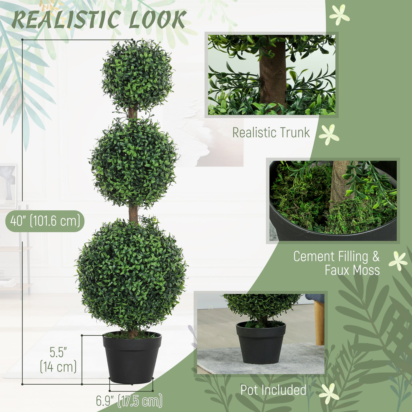 HOMCOM 2 Pack 40" Artificial Trees, Boxwood Topiary Ball Trees with Pot for Indoor, Outdoor, Home Office, Living Room, Green