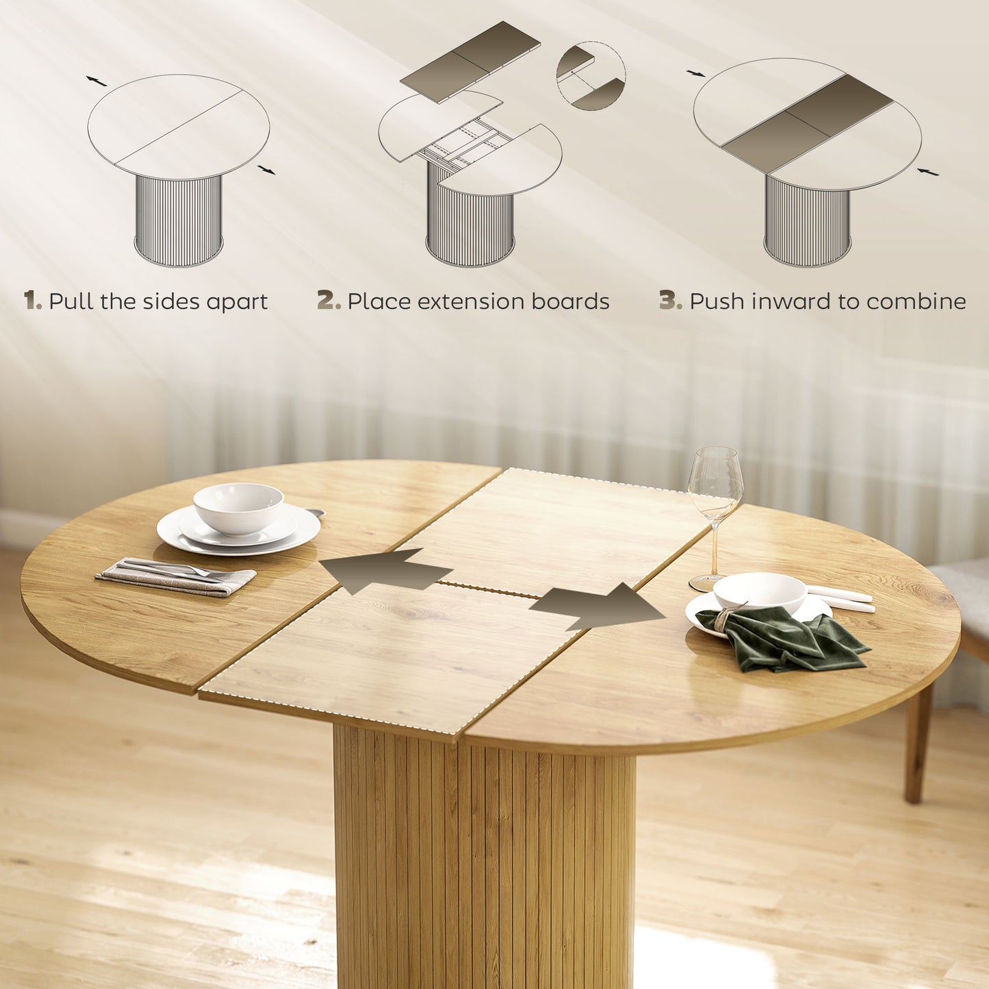 HOMCOM Extendable Kitchen Table for 6-8, 43.5"-59" Farmhouse Dining Table with Pedestal Base Natural Wood Finish