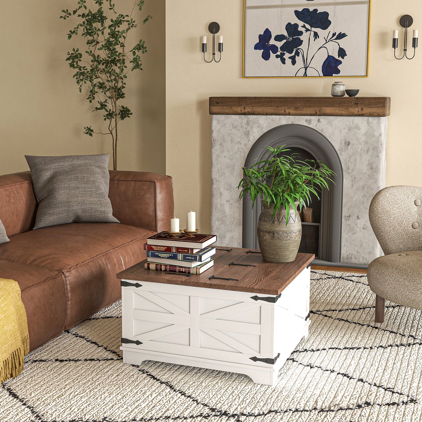 HOMCOM Farmhouse Coffee Table, Square Center Table with Flip-top Lids, Hidden Storage Compartment, Black
