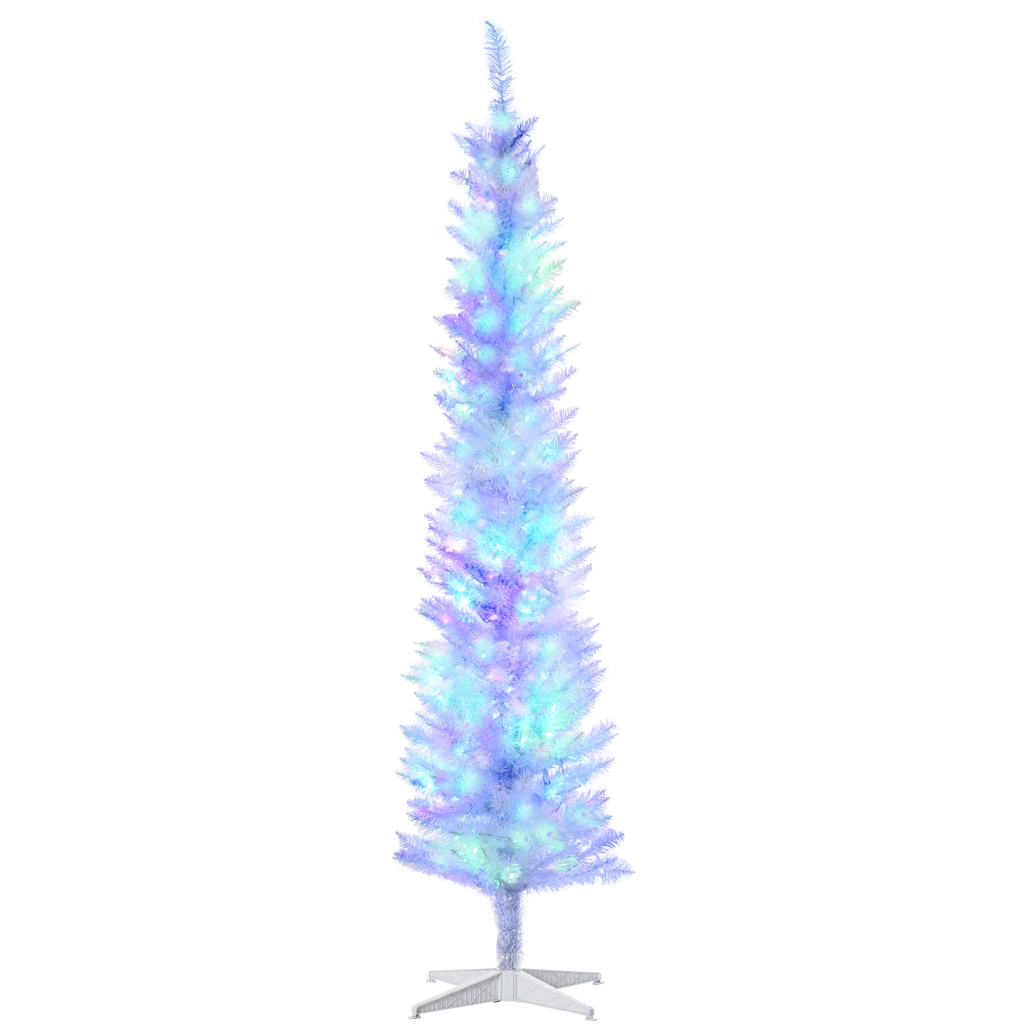 HOMCOM 7' Prelit Christmas Trees, Pencil Artificial Christmas Tree with Colourful Surface Tips, Colourful LED Lights, White
