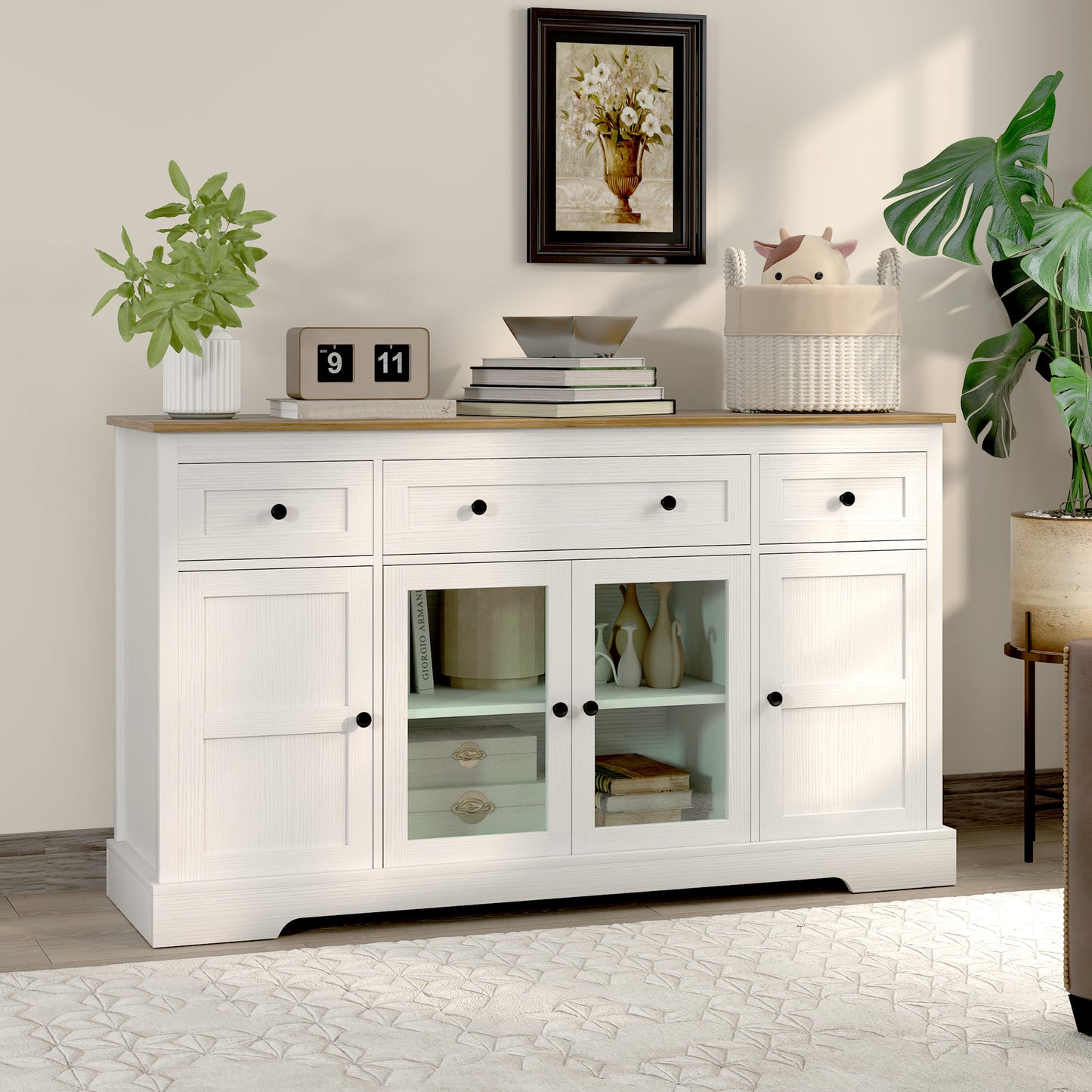 HOMCOM Sideboard Buffet Cabinet with Storage, Coffee Bar Cabinet with Glass Doors and Adjustable Shelves, Distressed White