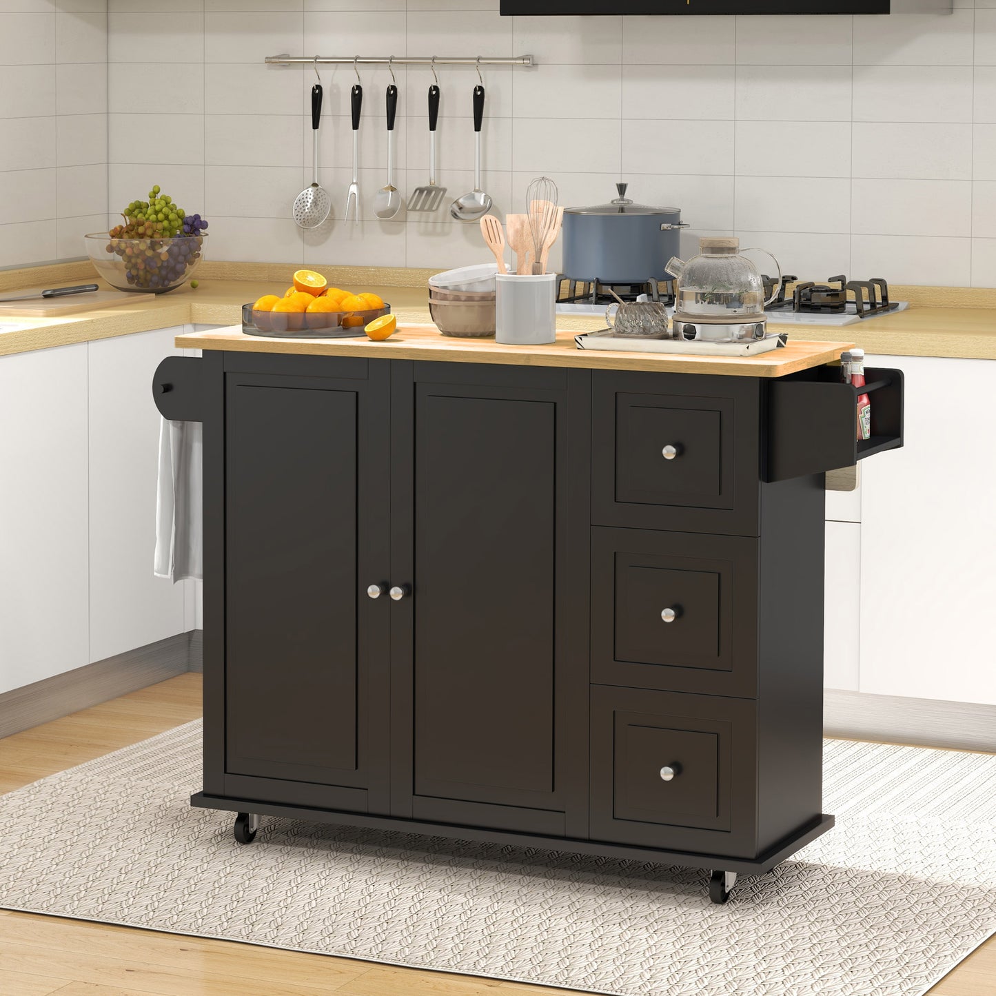 HOMCOM Kitchen Island with Drop Leaf, Rolling Kitchen Cart on Wheels with 3 Drawers, Cabinet, Natural Wood Top, Spice Rack and Towel Rack, White