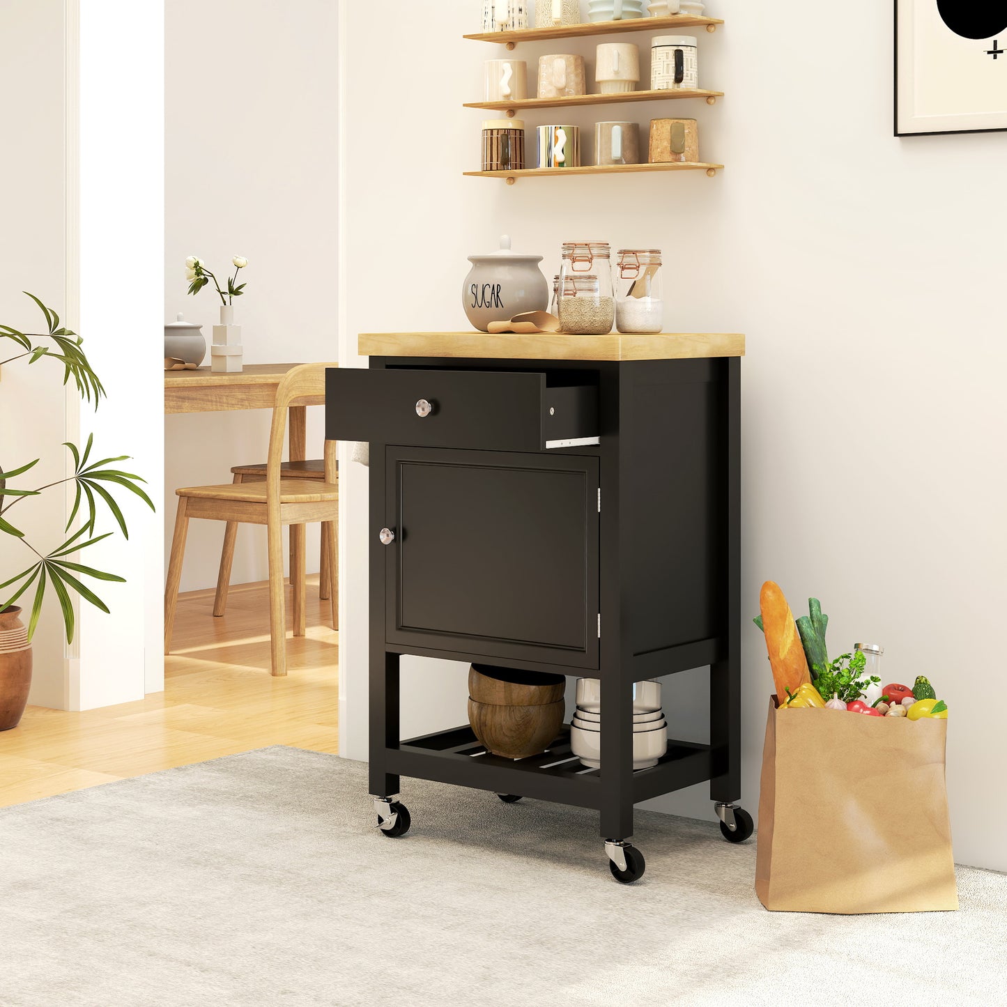 HOMCOM Kitchen Island on Wheels, Rolling Kitchen Cart with Wood Top, Towel Rack, Drawer and Shelf for Dining Area, Black