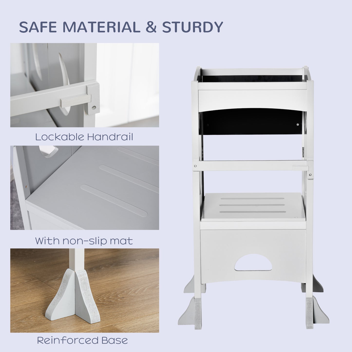 Qaba Kids Kitchen Helper Foldable Step Stool Toddler Kitchen Stool with Blackboard Lockable Handrail for 3-6 Years old Grey