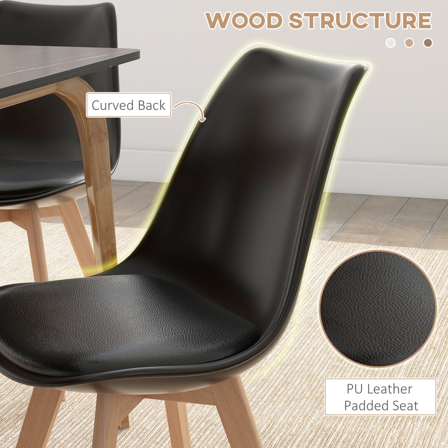 HOMCOM Modern Dining Table Chairs Set of 4, Rubber Wood Kitchen Table Chairs with PU Leather Cushion for Living Room, Bedroom