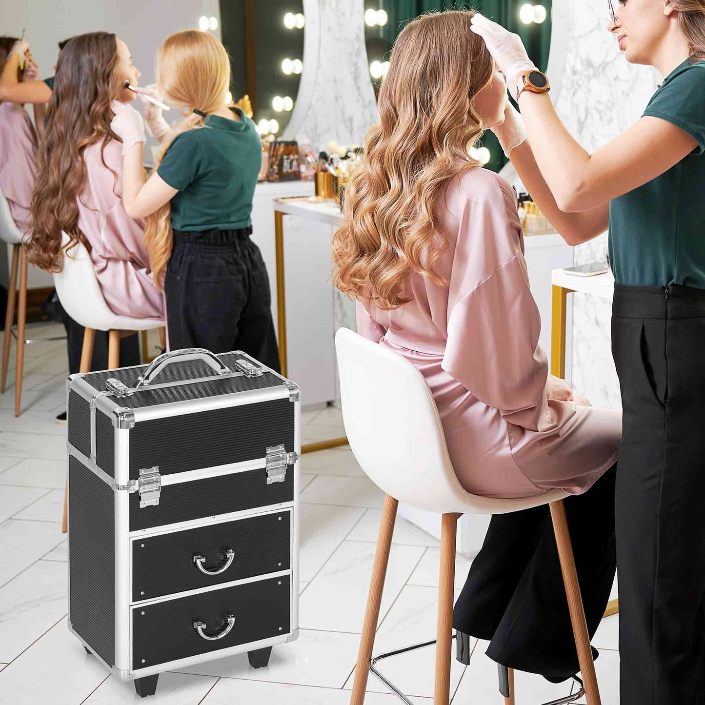 HOMCOM Rolling Makeup Train Case, Large Storage Cosmetic Trolley, Lockable Traveling Cart Trunk with Folding Trays, Swivel Wheels